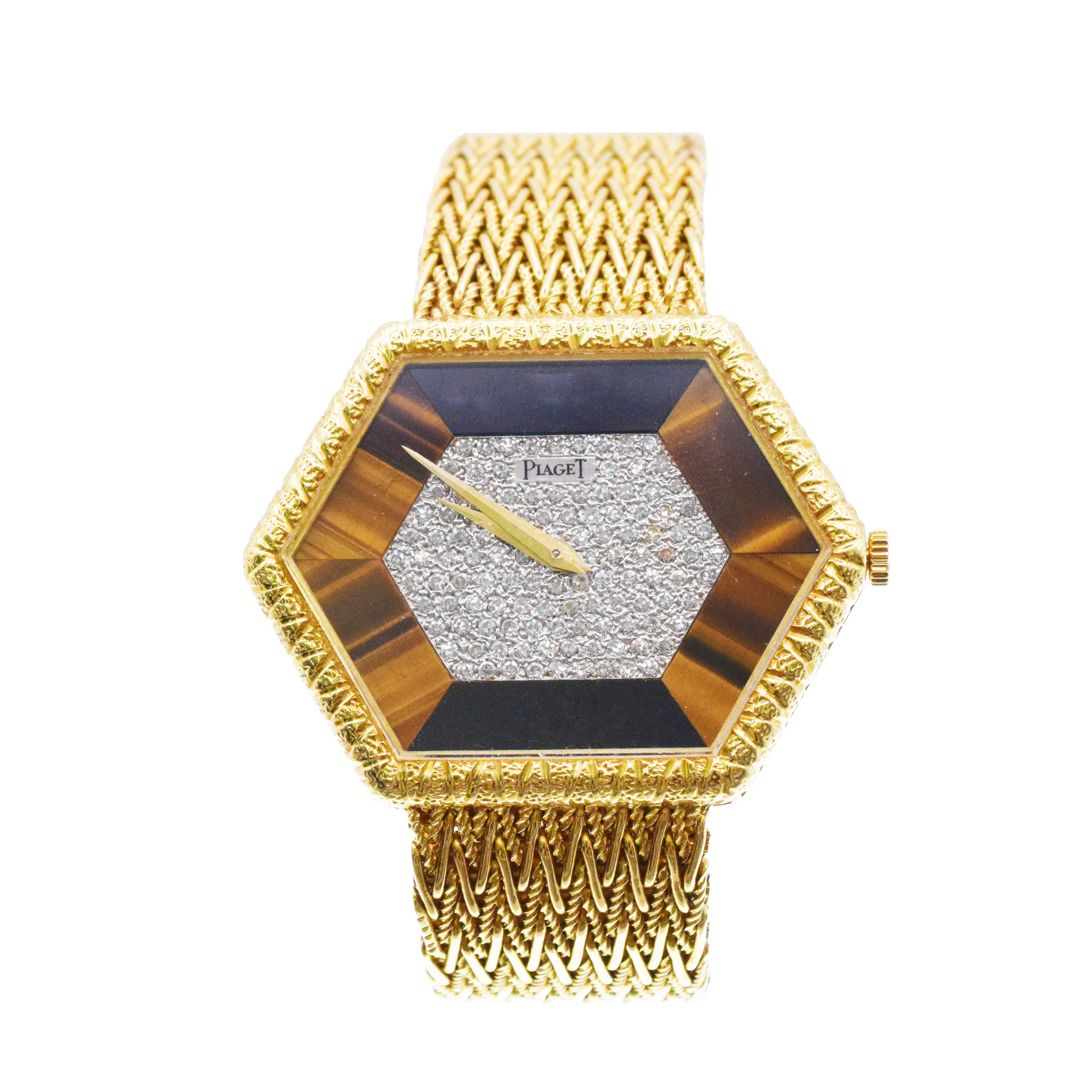 Piaget 18k Yellow Gold Hexagon Wrist Watch With Diamond And Tiger Eye Accents