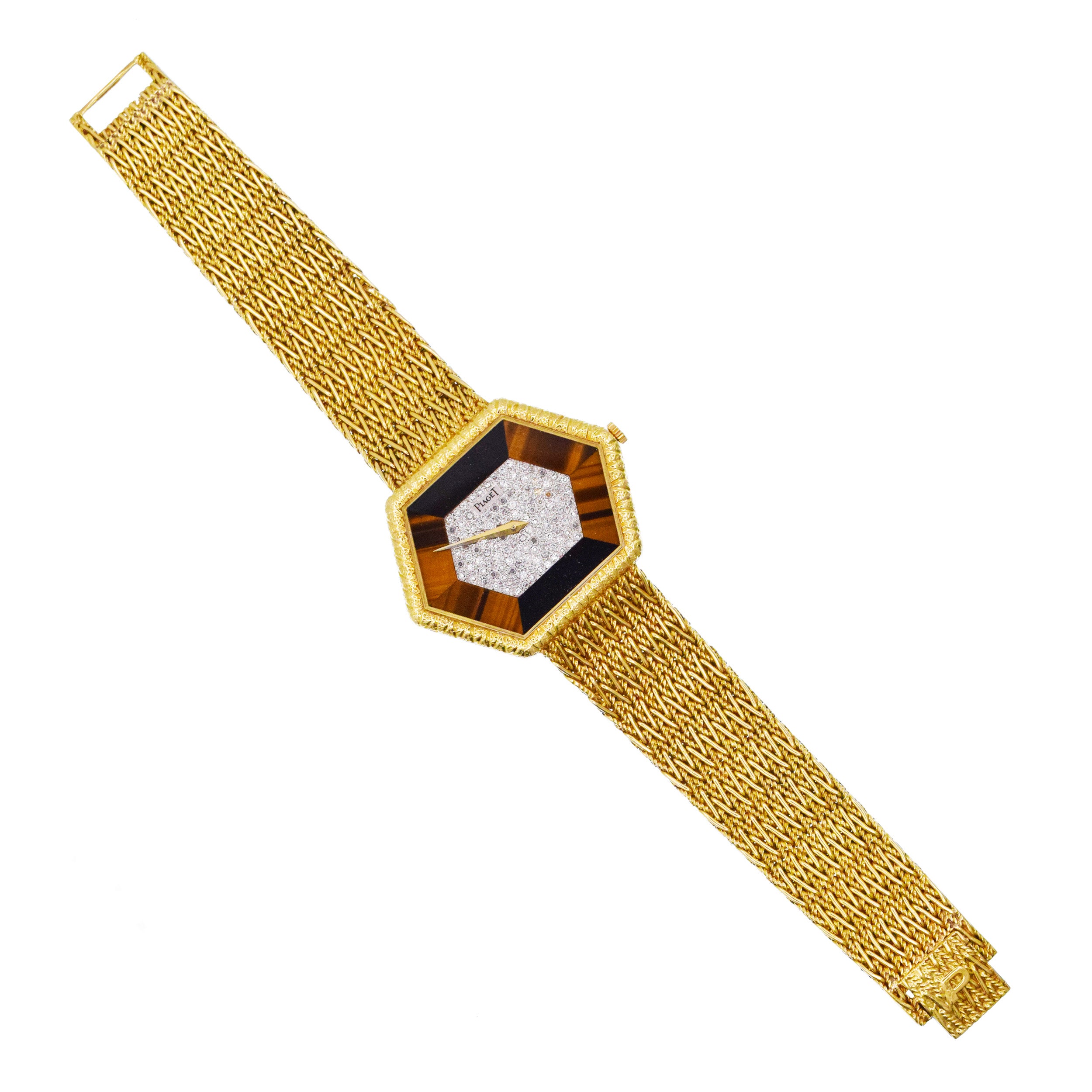 Piaget 18k Yellow Gold Hexagon Wrist Watch With Diamond And Tiger Eye Accents