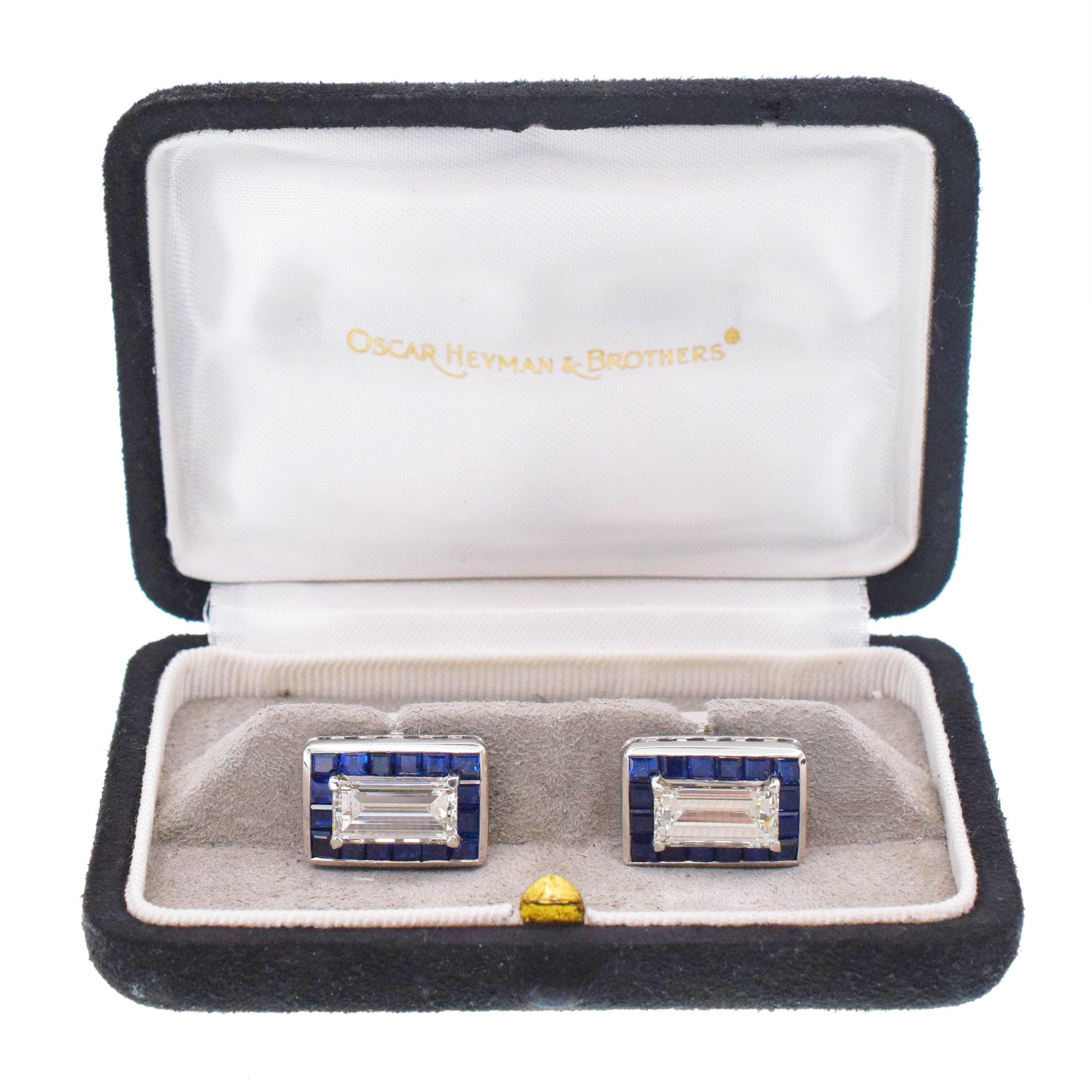 Oscar Heyman Rectangular Step Cut Diamond And Sapphire Cufflinks In Platinum