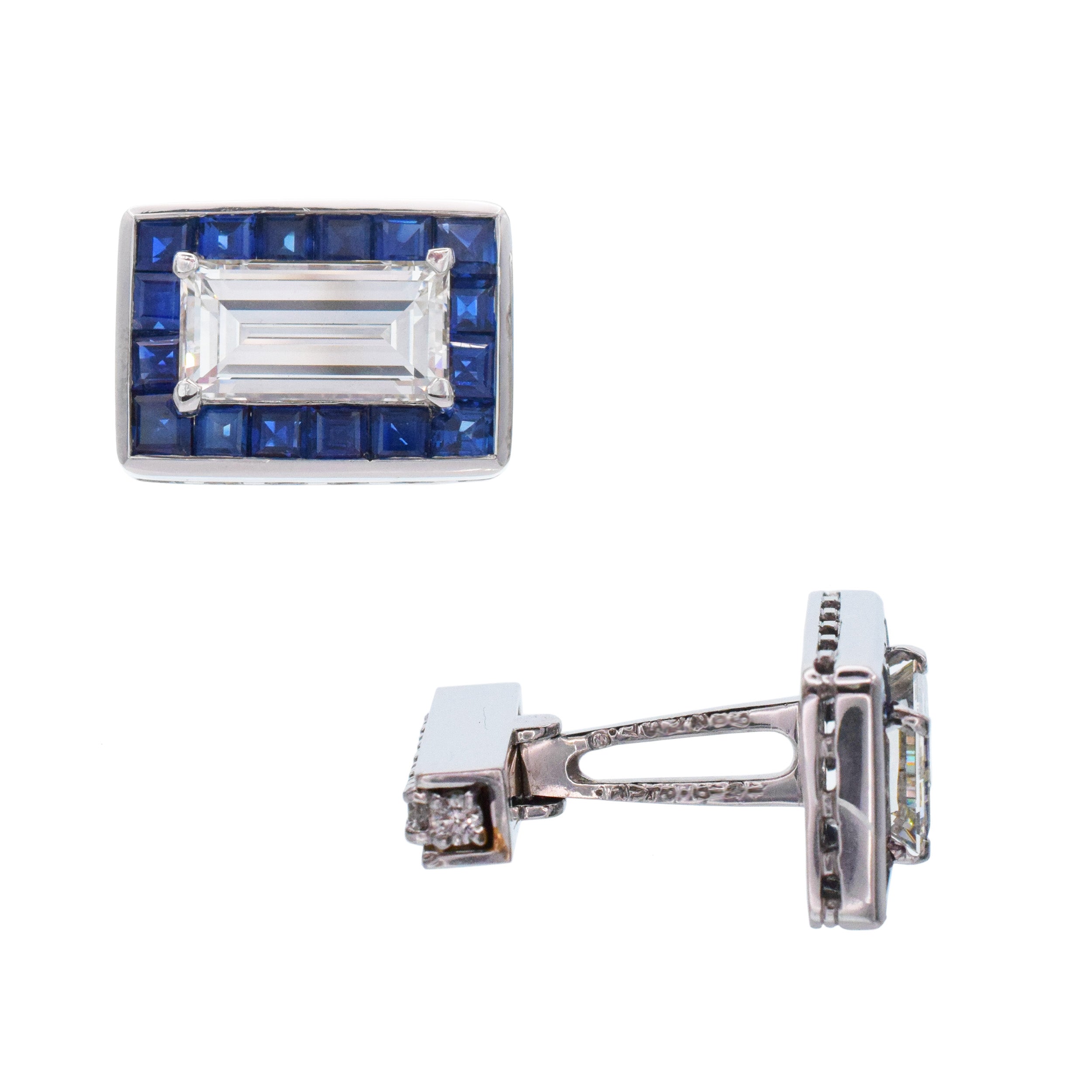 Oscar Heyman Rectangular Step Cut Diamond And Sapphire Cufflinks In Platinum