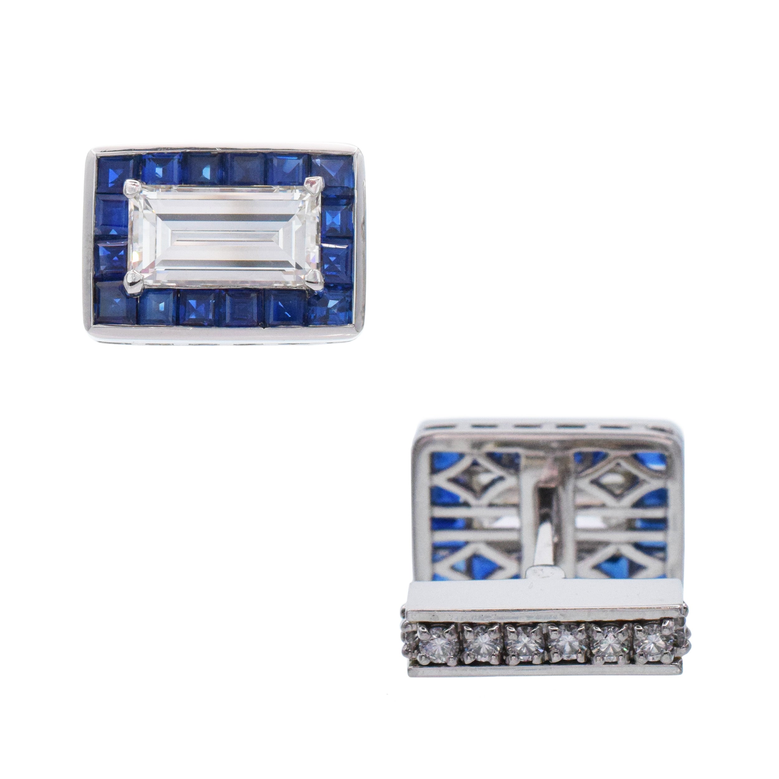 Oscar Heyman Rectangular Step Cut Diamond And Sapphire Cufflinks In Platinum