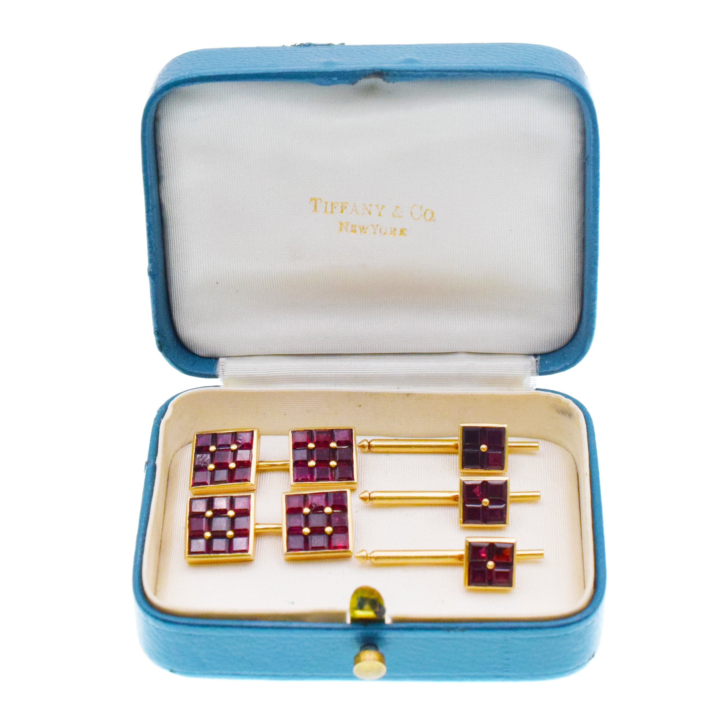 Square Ruby Cufflinks And Tiffany & Co Shirt Studs In 14k Yellow Gold
