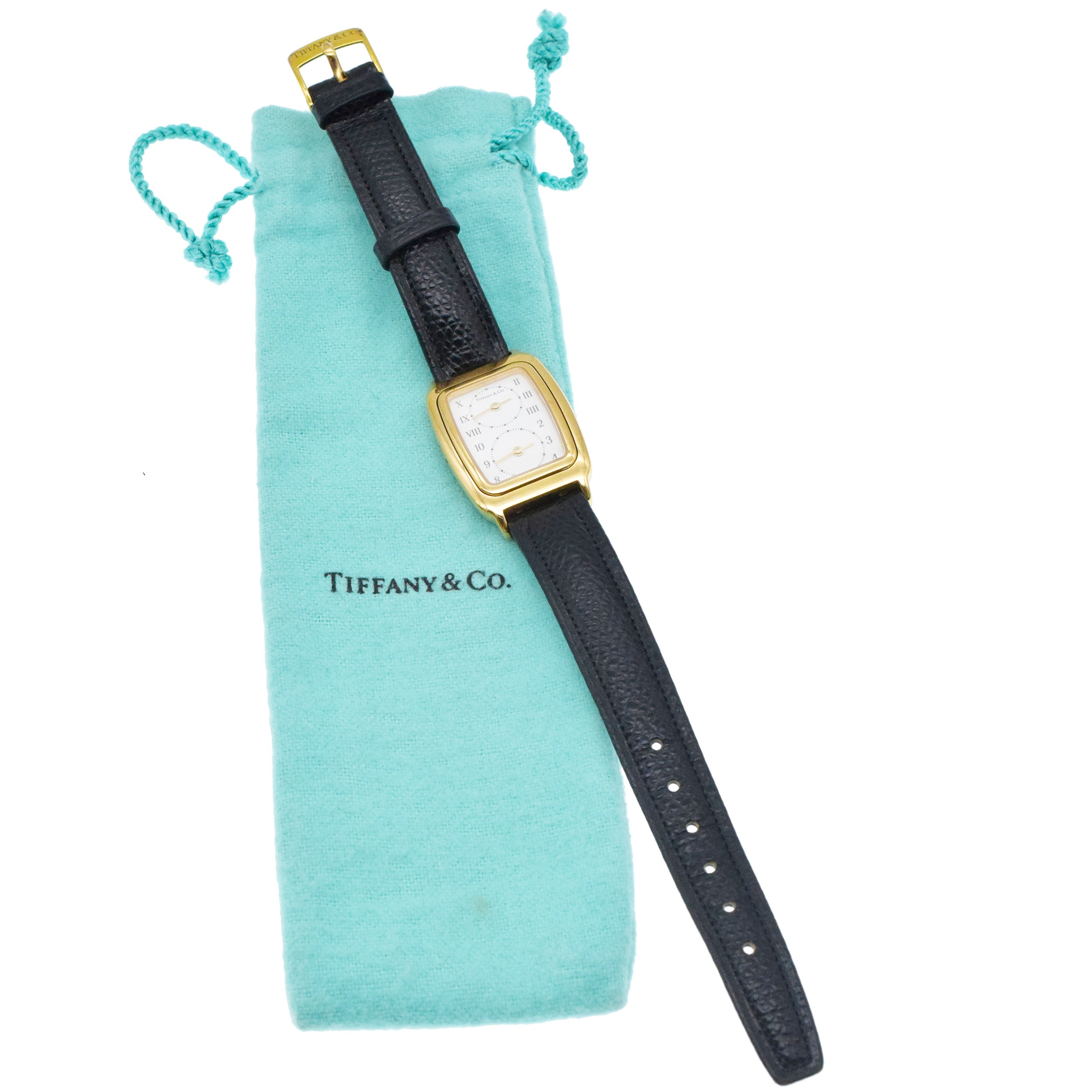 Tiffany& Co. Dual Zone Wrist Watch In 18k Yellow Gold With Lather Strap
