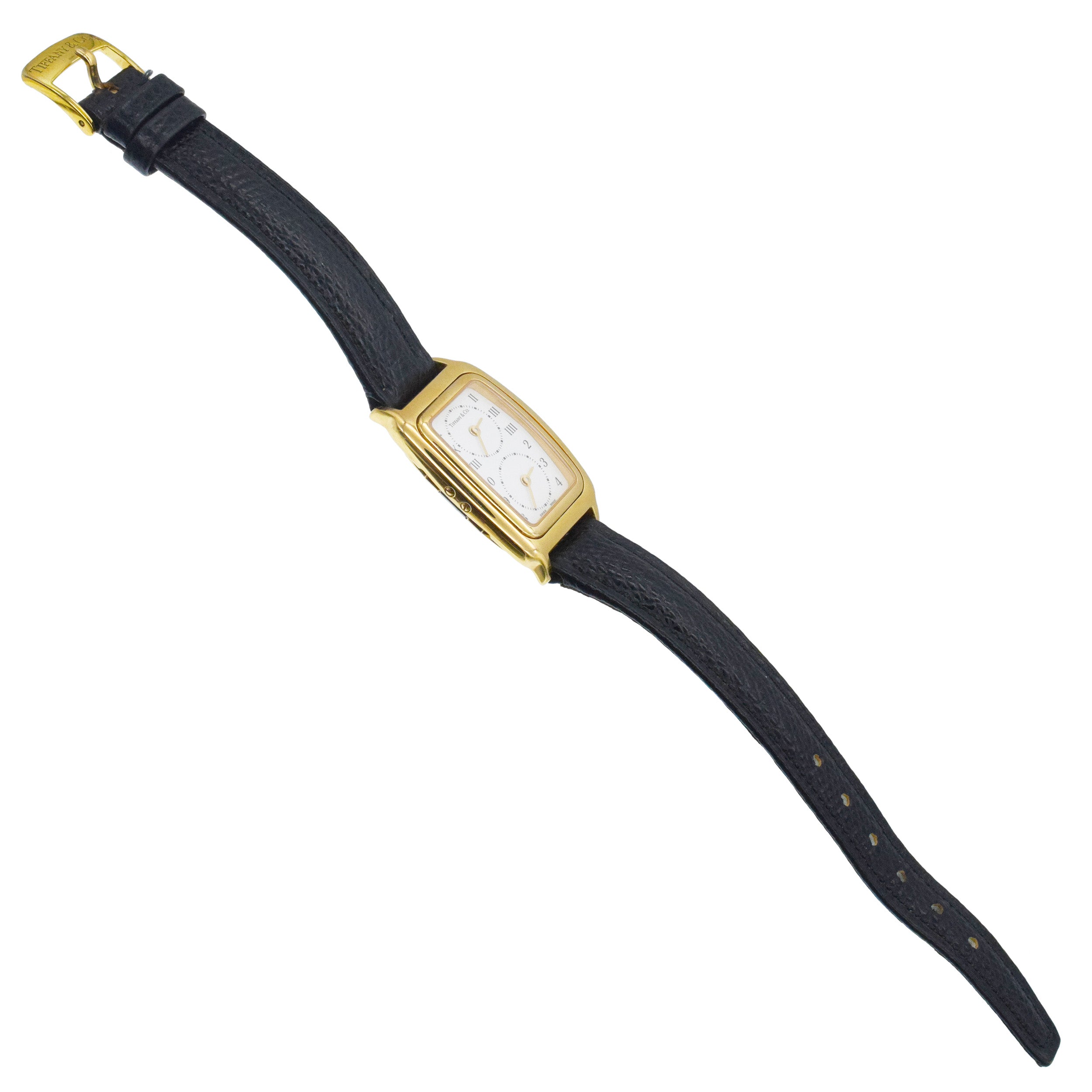 Tiffany& Co. Dual Zone Wrist Watch In 18k Yellow Gold With Lather Strap