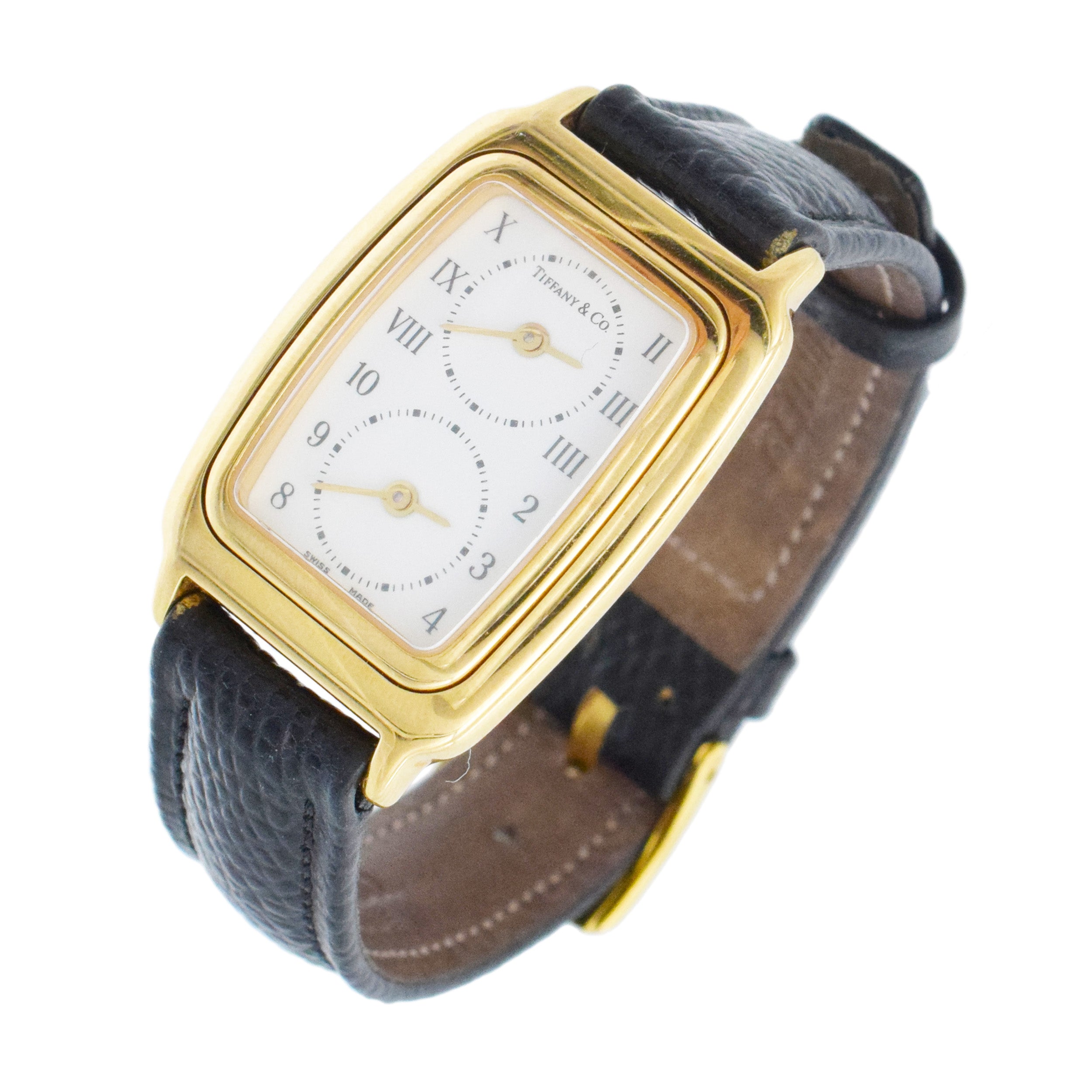 Tiffany& Co. Dual Zone Wrist Watch In 18k Yellow Gold With Lather Strap