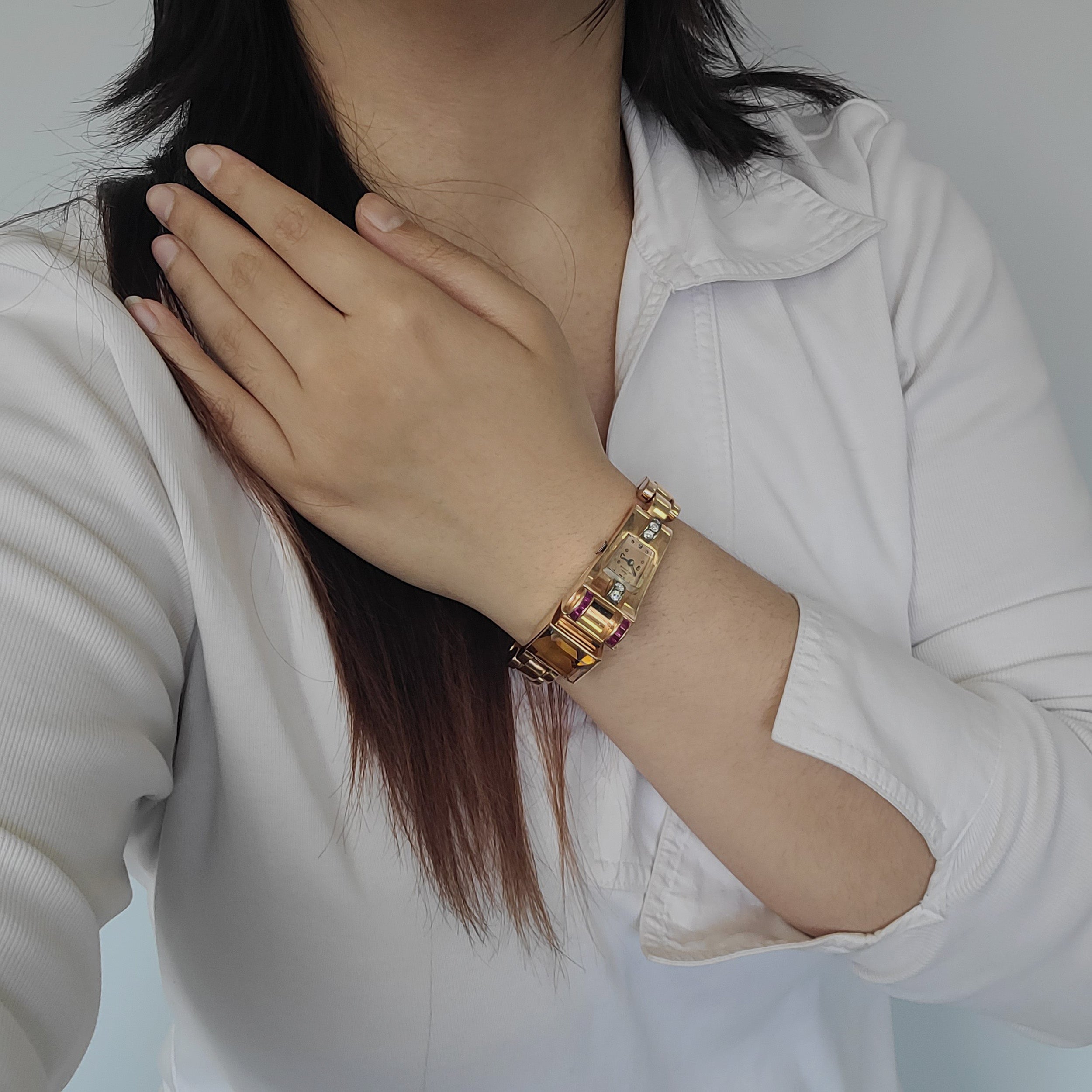 Jules Jurgensen Retro Wrist Watch In 14k Rose Gold With, Accented With Citrine, Rubies And Diamonds