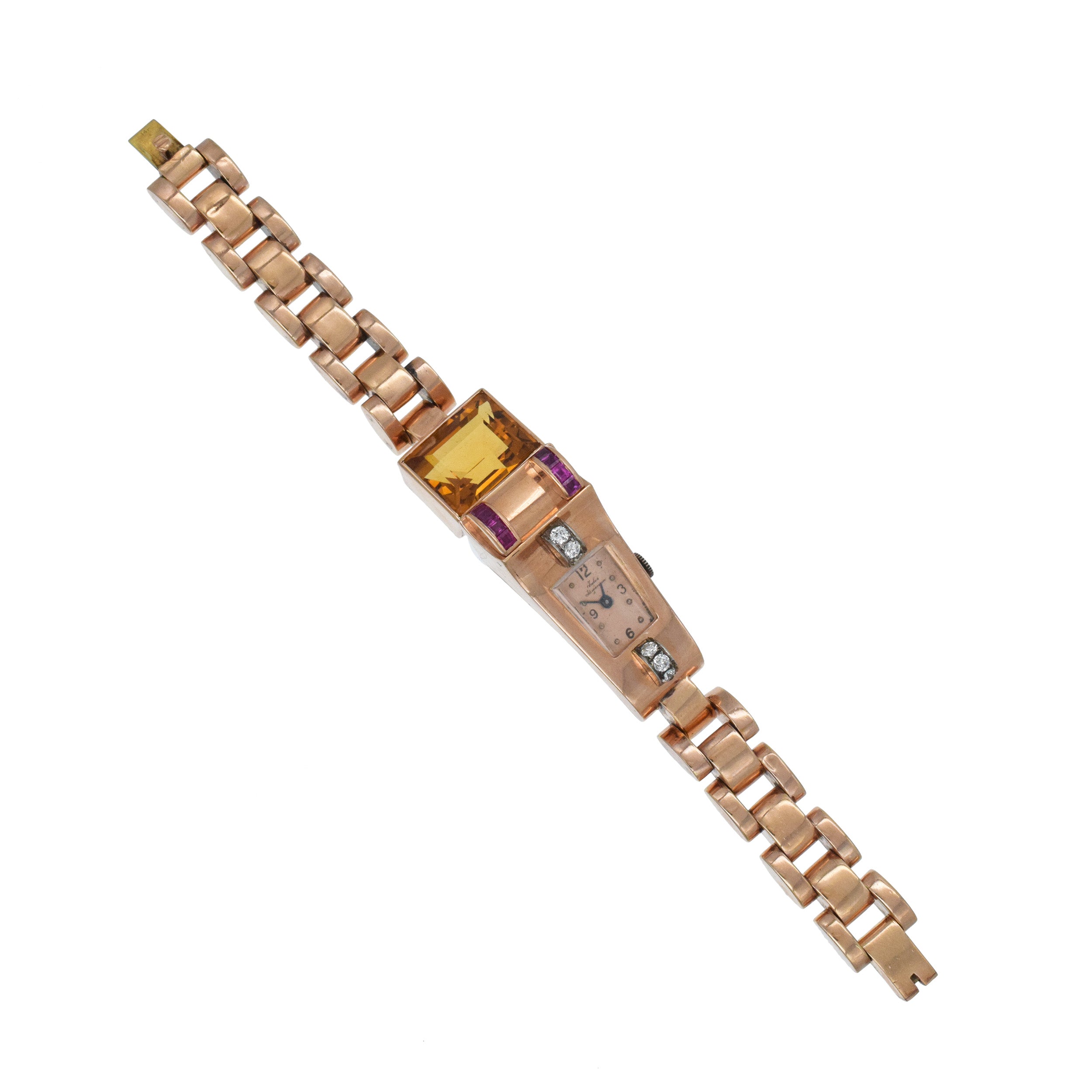 Jules Jurgensen Retro Wrist Watch In 14k Rose Gold With, Accented With Citrine, Rubies And Diamonds