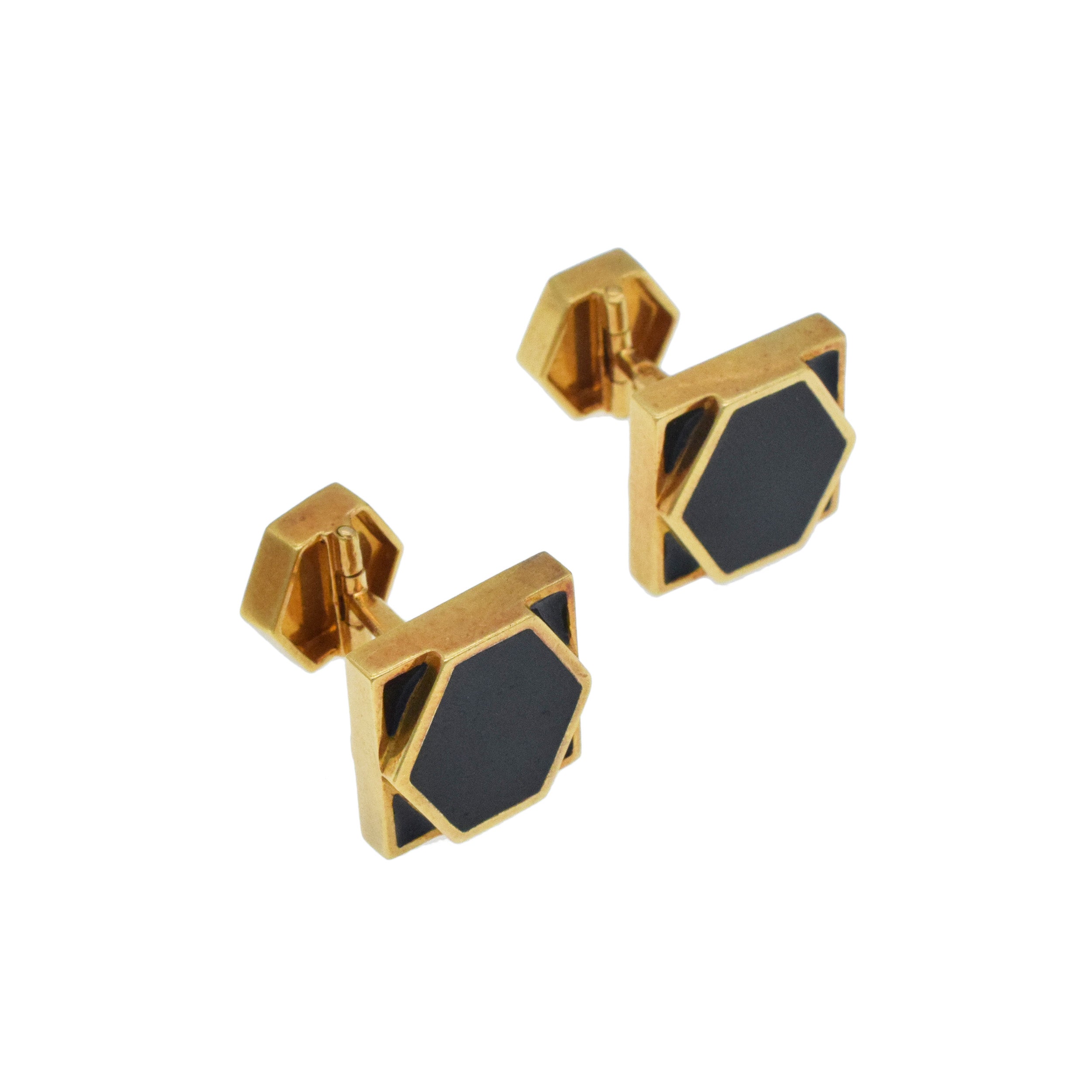 David Webb Black Enamel Geometric Cufflinks In 18k Yellow Gold