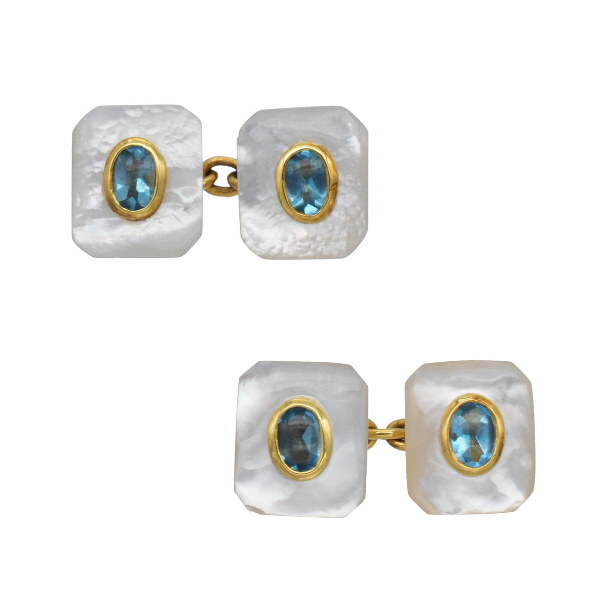Mother of pearl and topaz rectangular cufflinks in 18k yellow gold