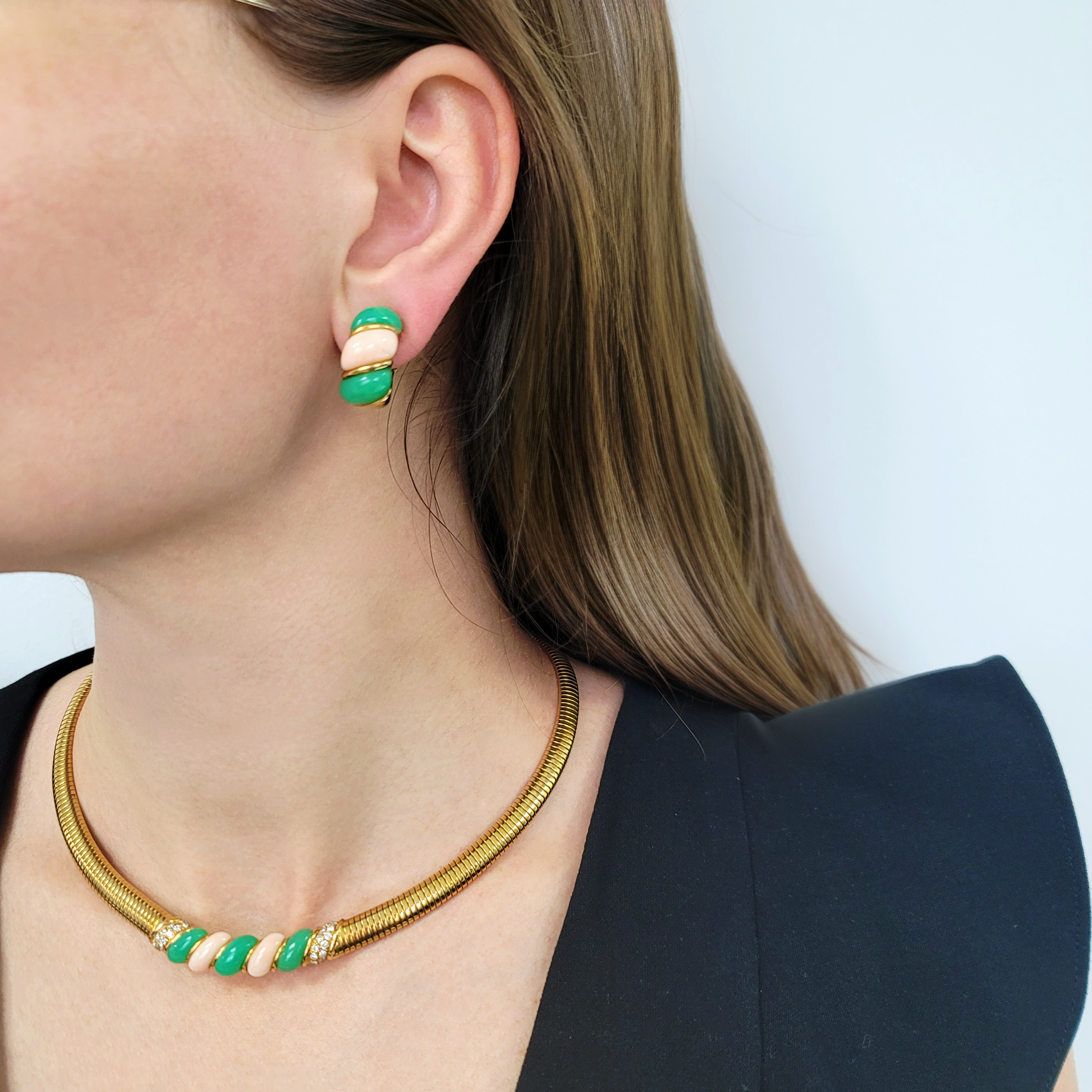 Van Cleef & Arpels Gemstone And Diamond Tubogas Necklace And Earrings Suite In 18k Yellow Gold