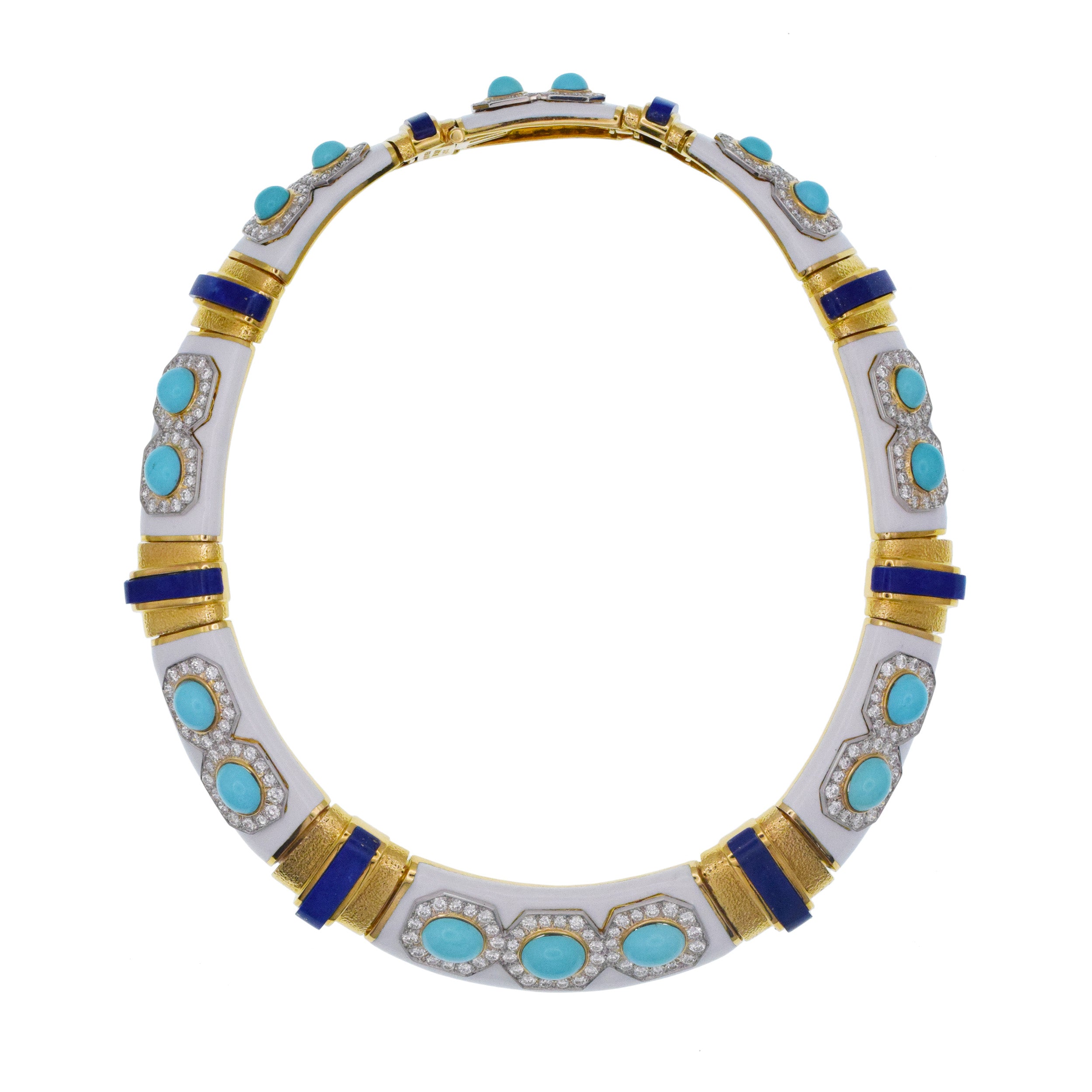 David Webb Turquoise, Lapis Lazuli, Diamond And White Enamel Collar Necklace Gold & Platinum