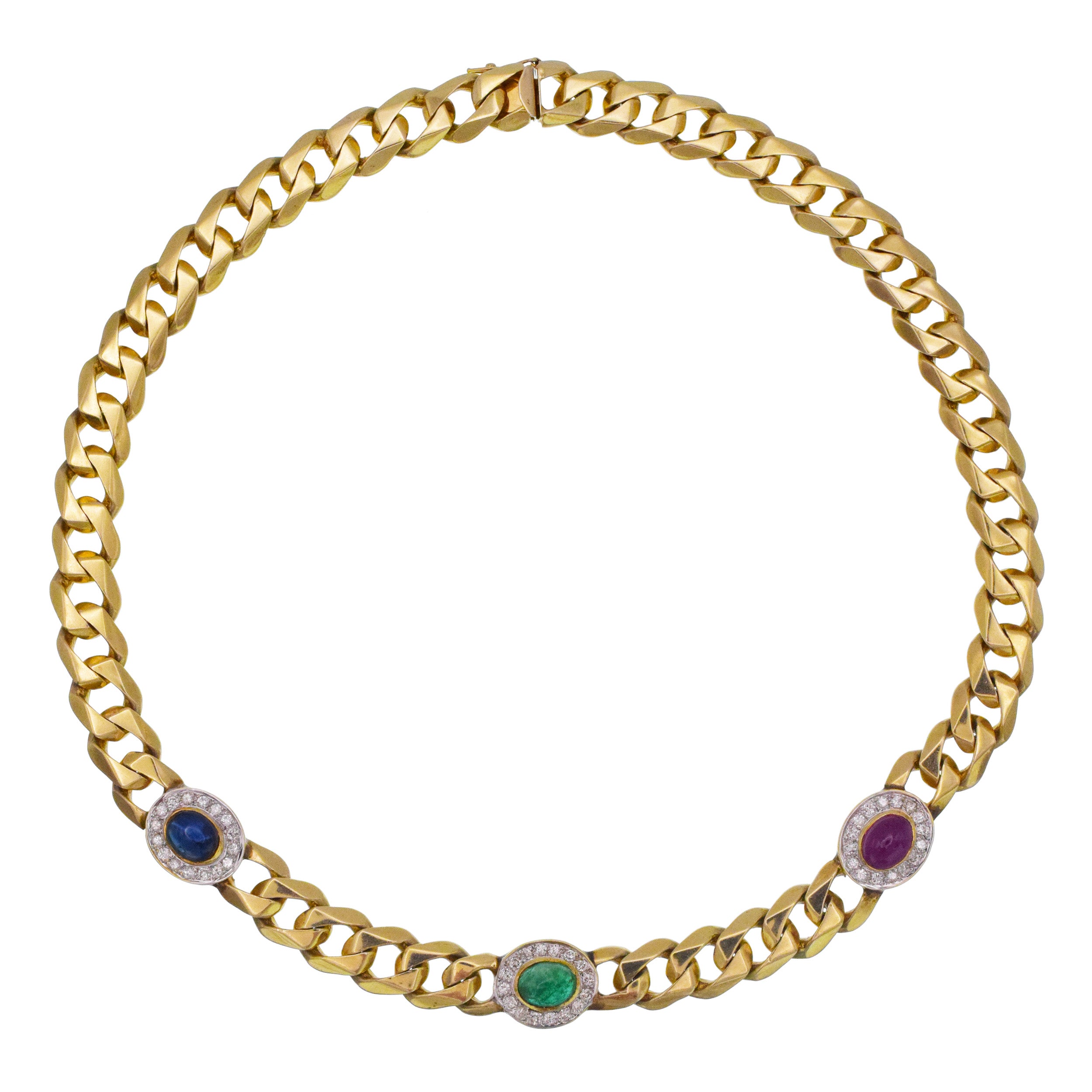 Gemstone And Diamond Cuban Link Necklace In 14k Yellow Gold