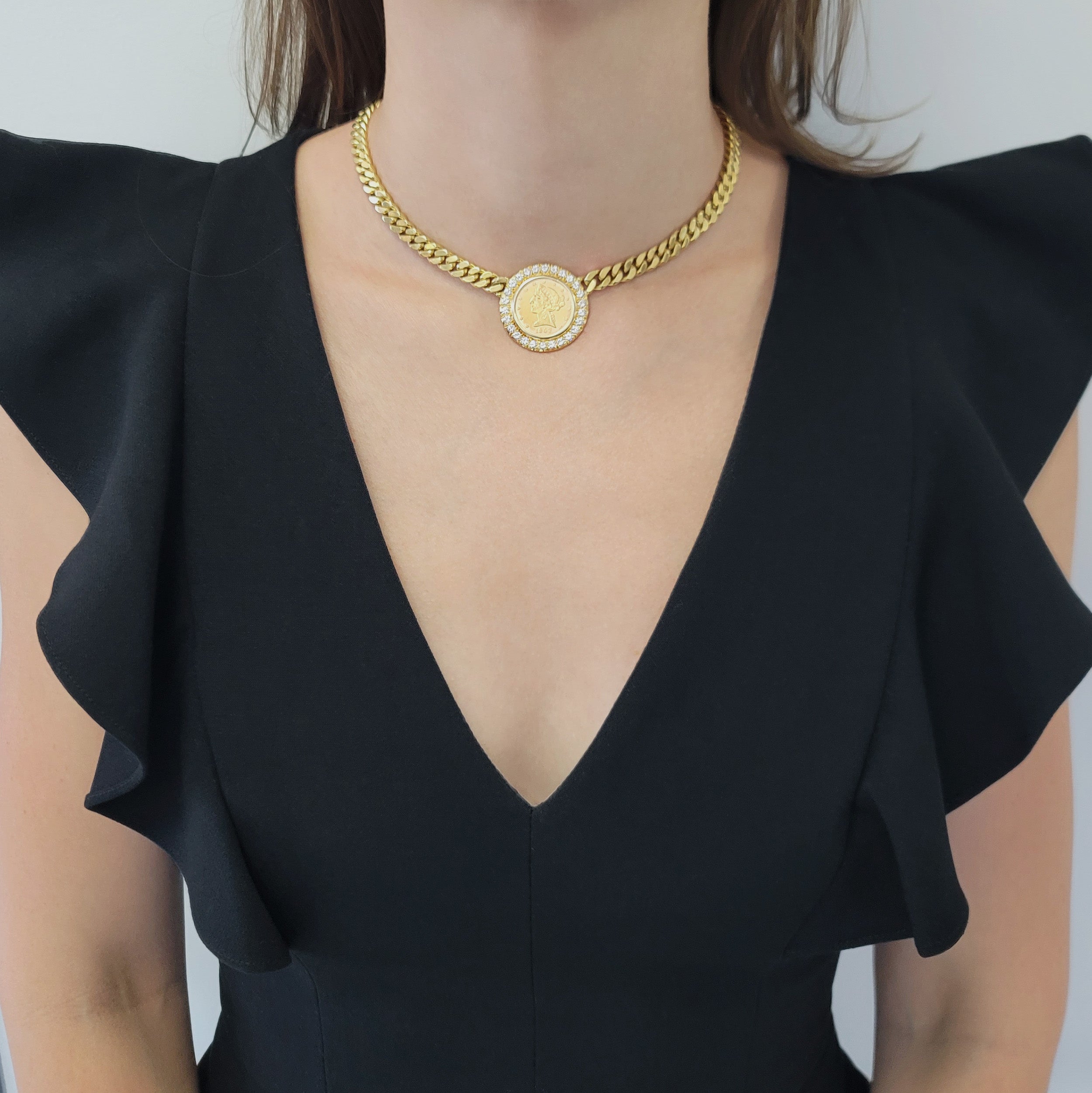 Gold Coin And Diamond Necklace In 18k Yellow Gold
