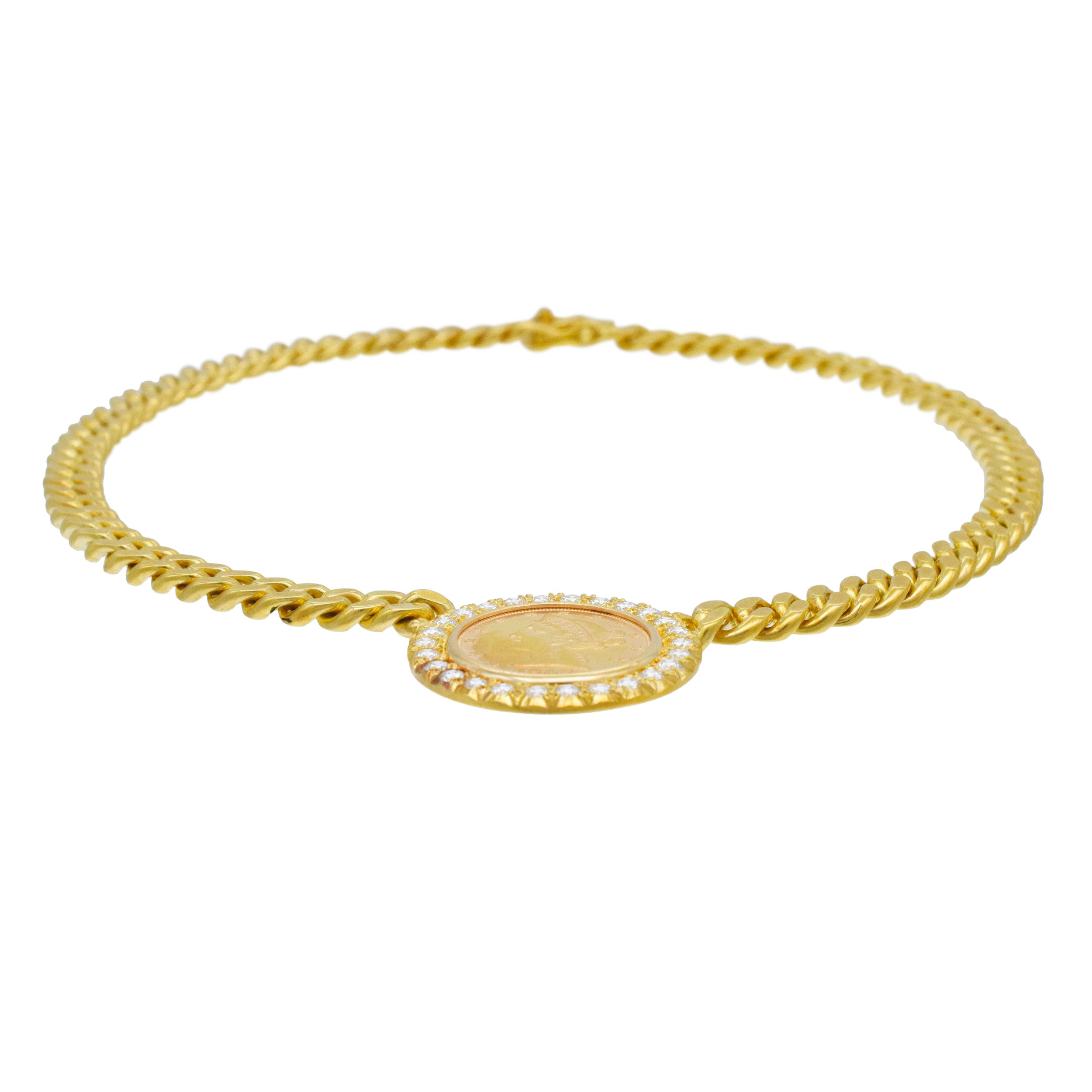 Gold Coin And Diamond Necklace In 18k Yellow Gold