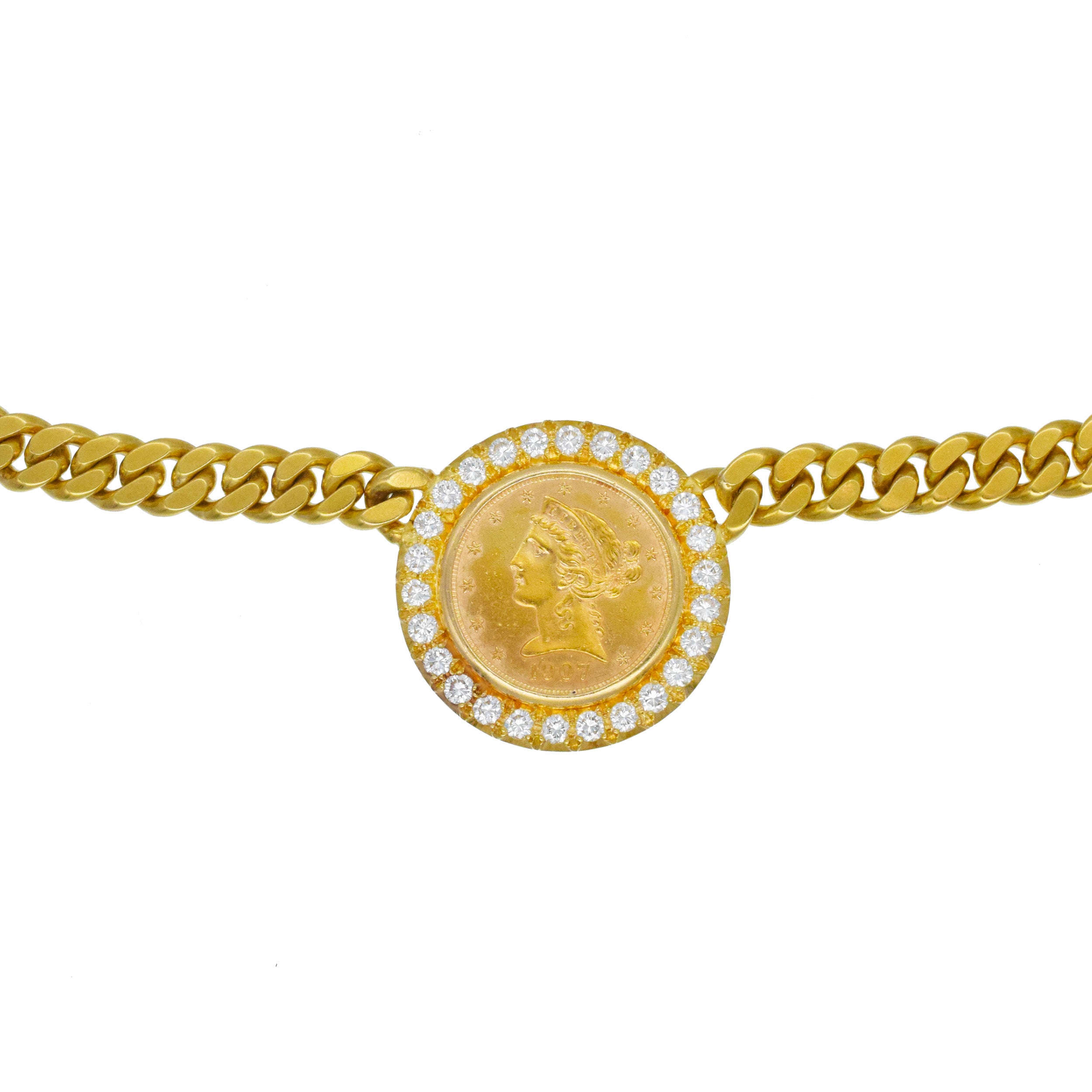 Gold Coin And Diamond Necklace In 18k Yellow Gold