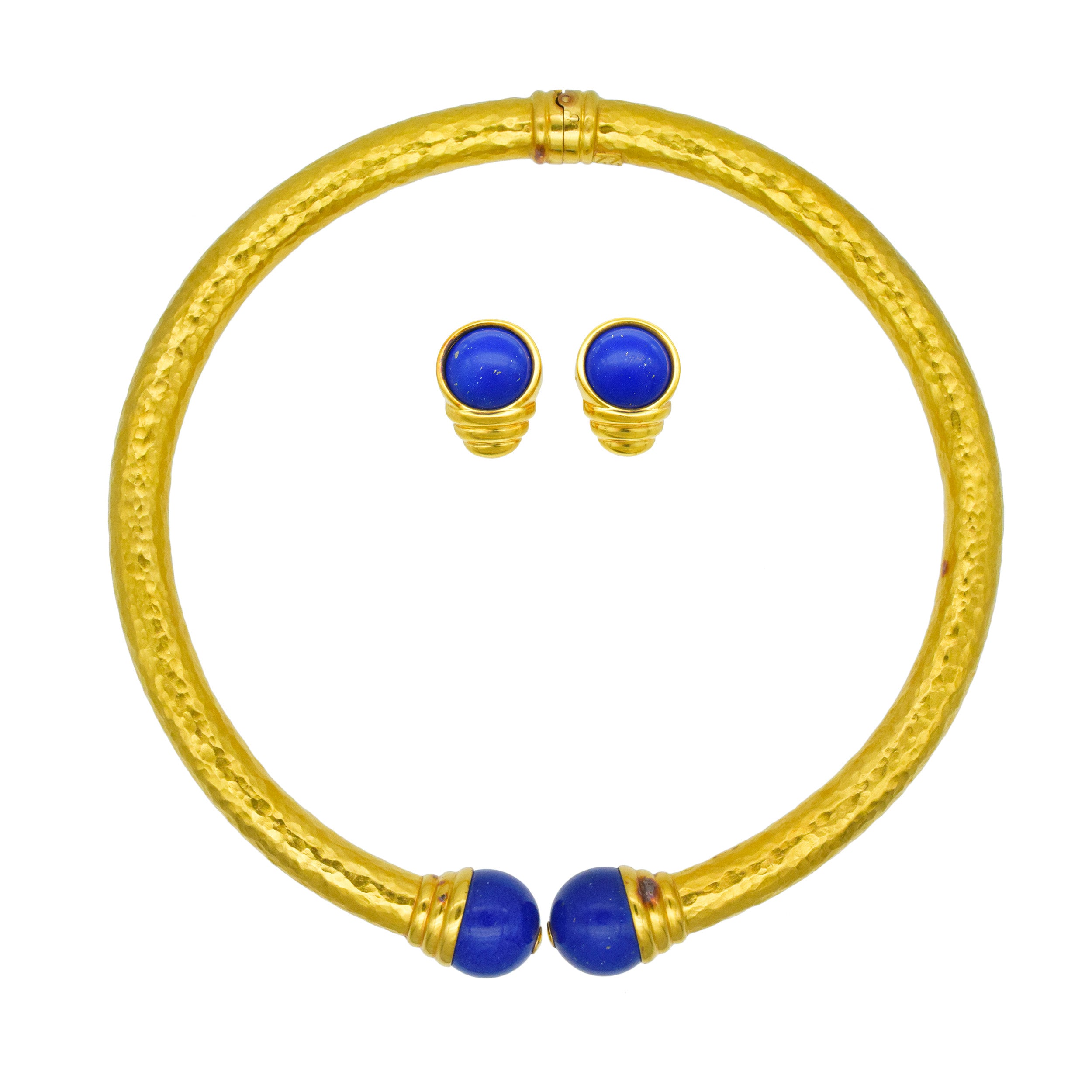 Lapis Lazuli And 22k Hammered Gold Necklace And Earrings Suite