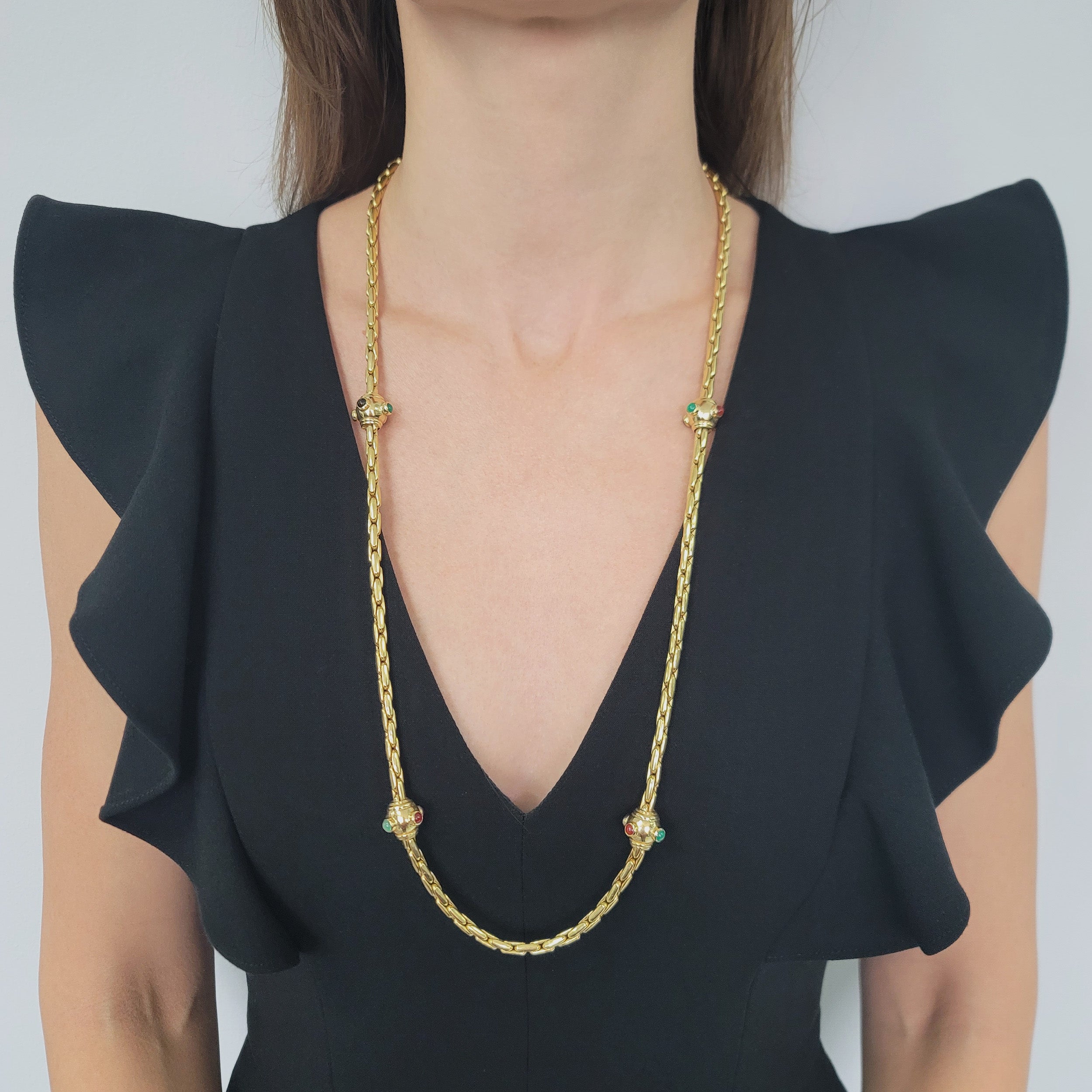 18k Yellow Gold And Gemstone Long Chain Necklace