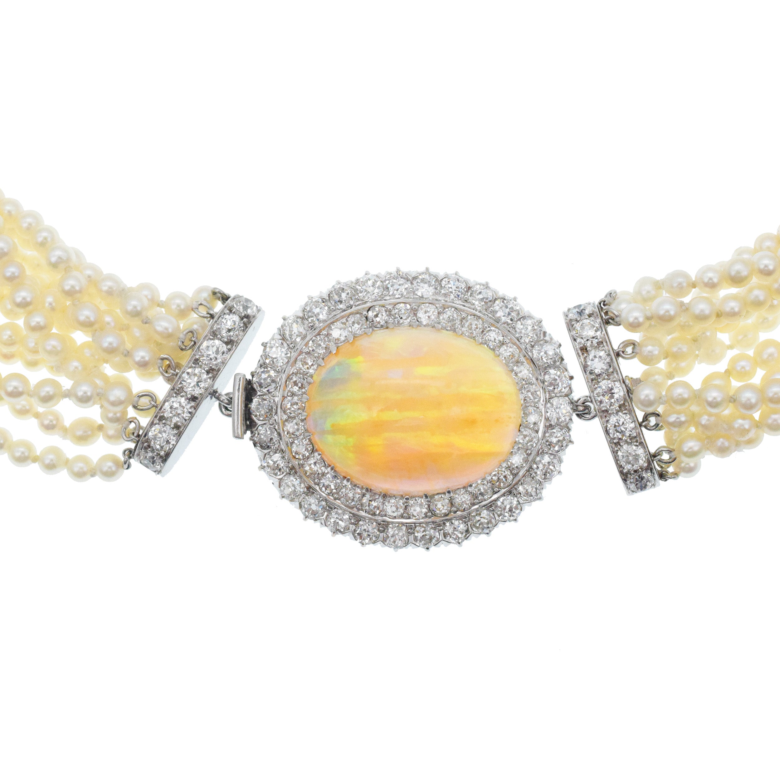 Multi-Strand Natural Pearl, Opal And Diamond Necklace In Platinum