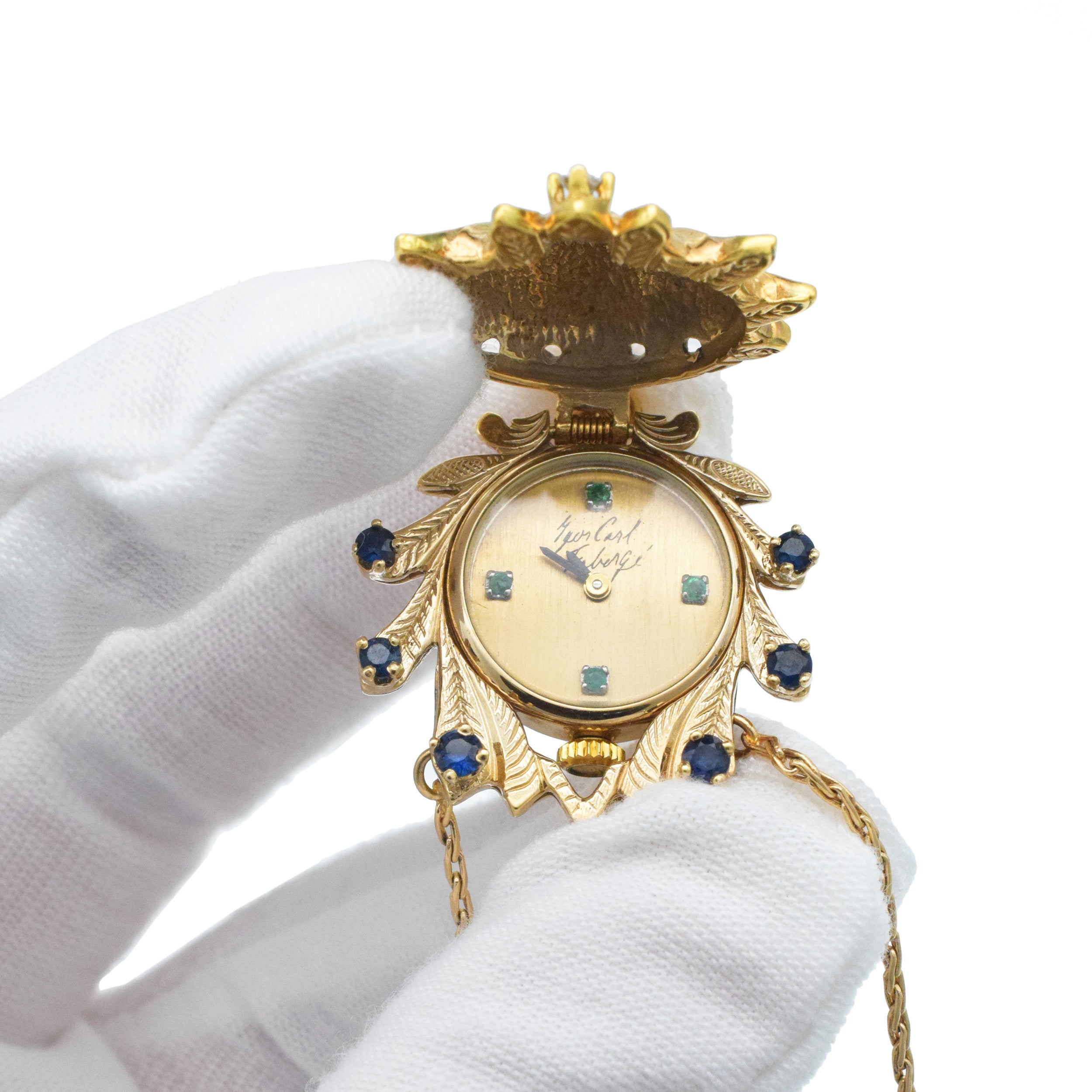Faberge - Igor Carl Faberge Gem Set And Enamel Peacock Pendant Watch Necklace In 14k Yellow Gold