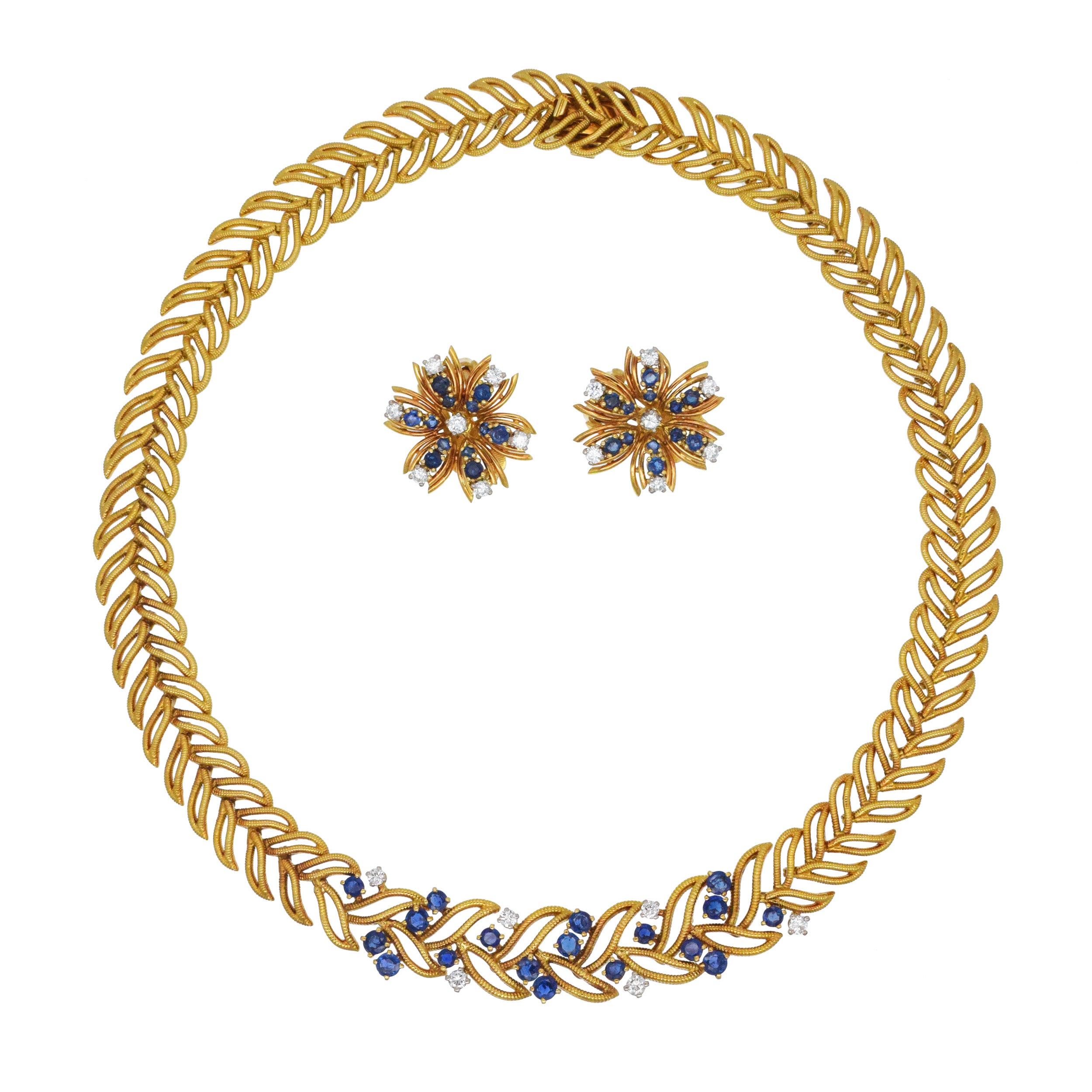 Van Cleef & Arpels Sapphire & Diamond Nature Inspired Earring & Necklace Suite In 18k Yellow Gold