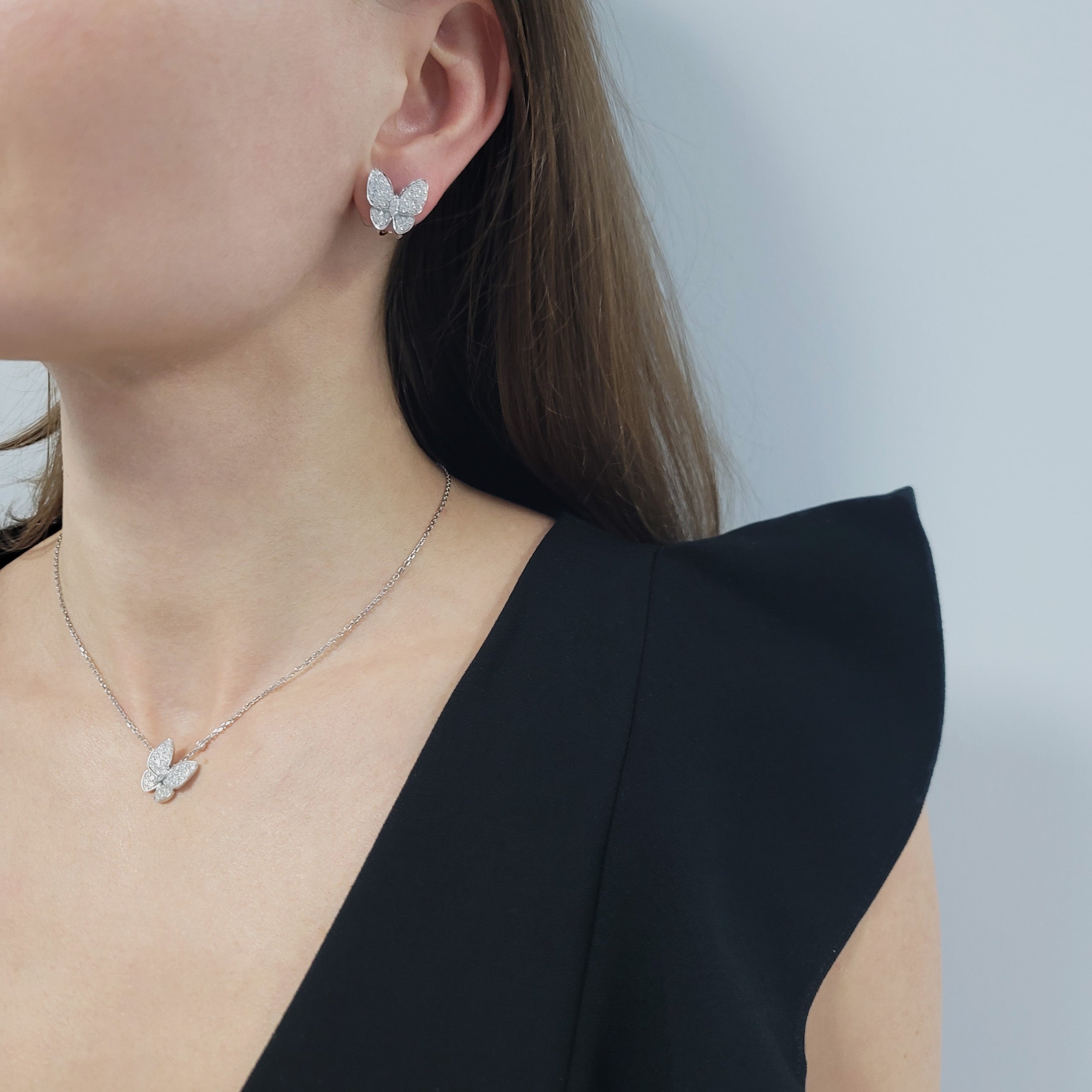 Van Cleef & Arpels Two Butterfly Diamond Earring And Necklace Set In 18k White Gold