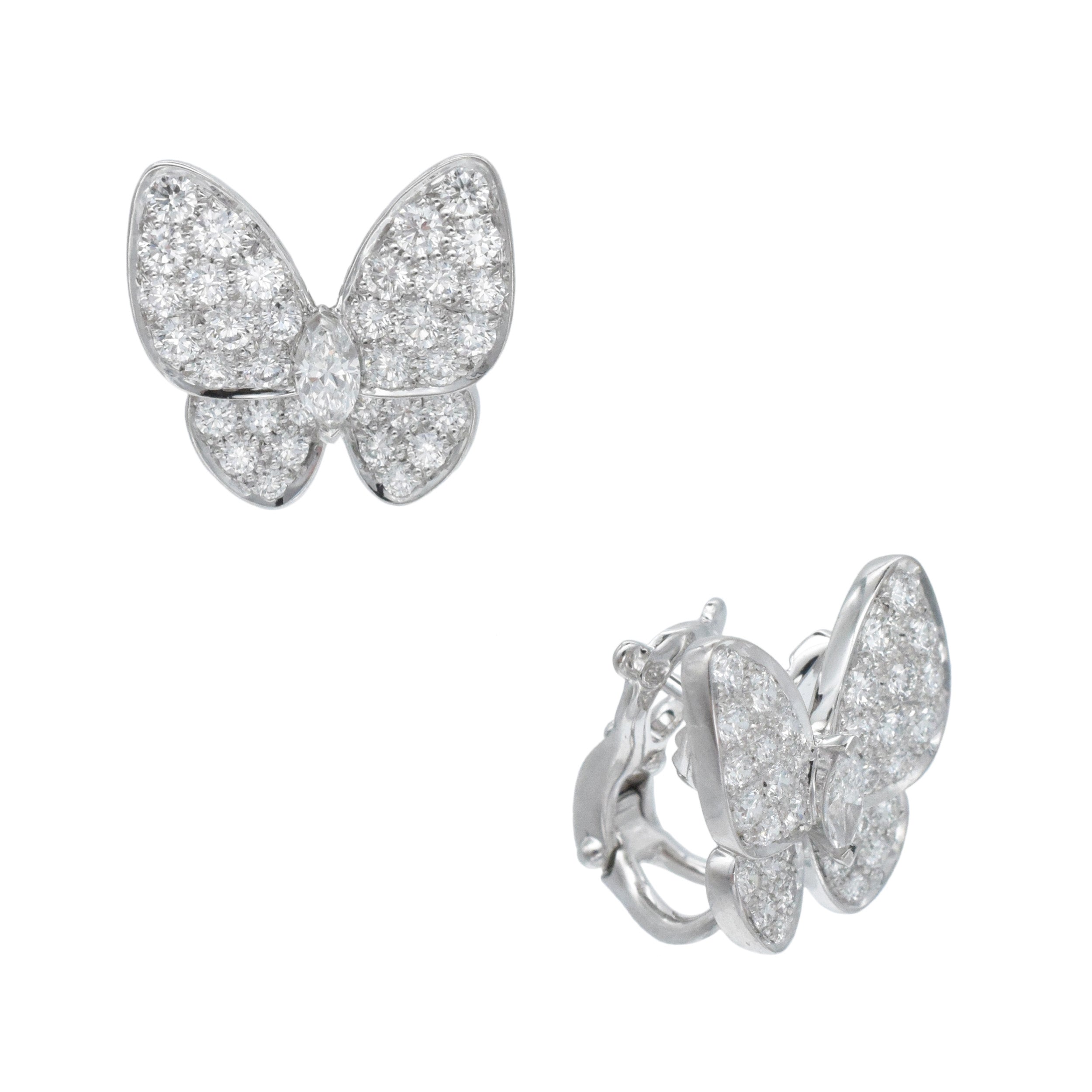 Van Cleef & Arpels Two Butterfly Diamond Earring And Necklace Set In 18k White Gold