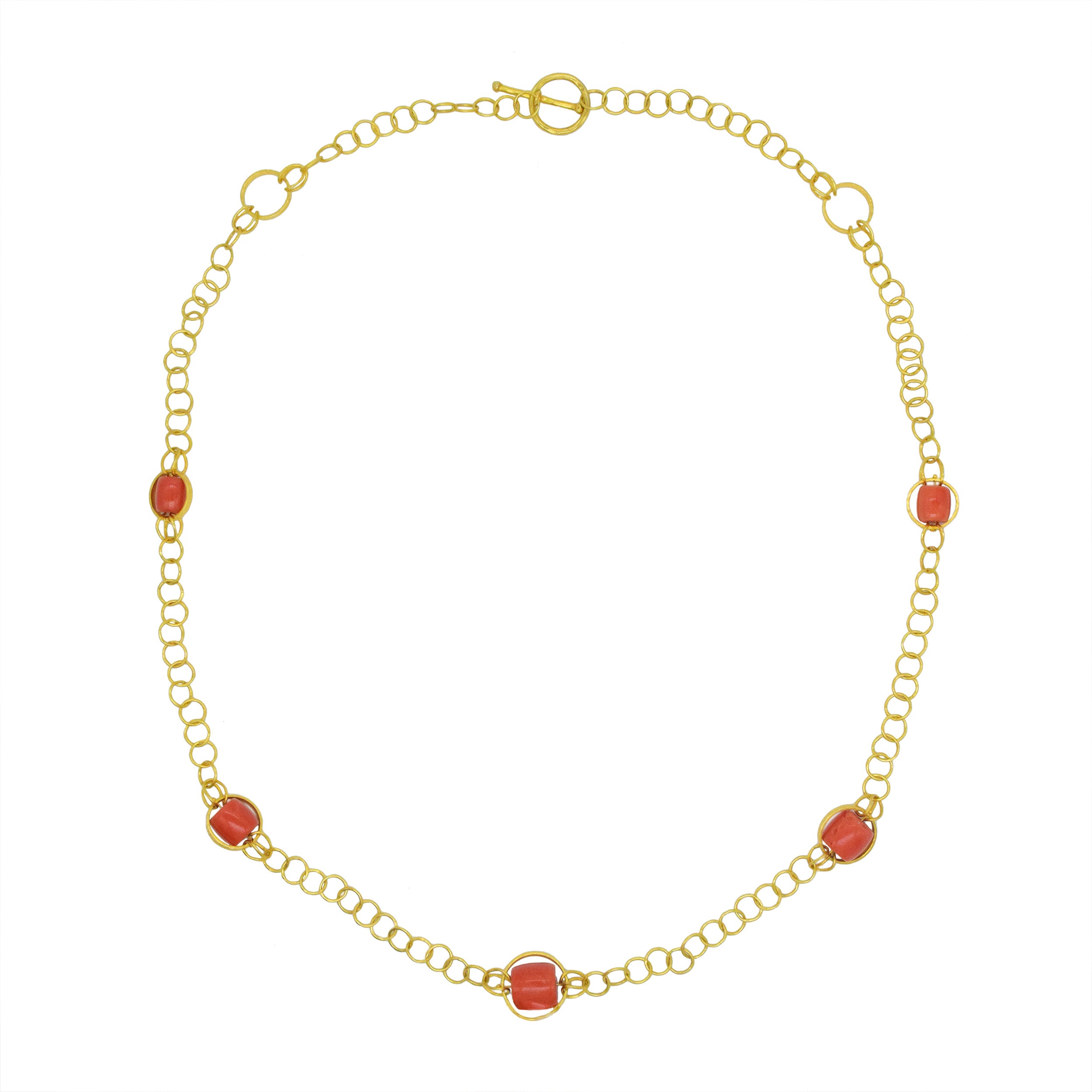 18k Yellow Gold Circular Link Long Chain Necklace With Coral Bead Accents