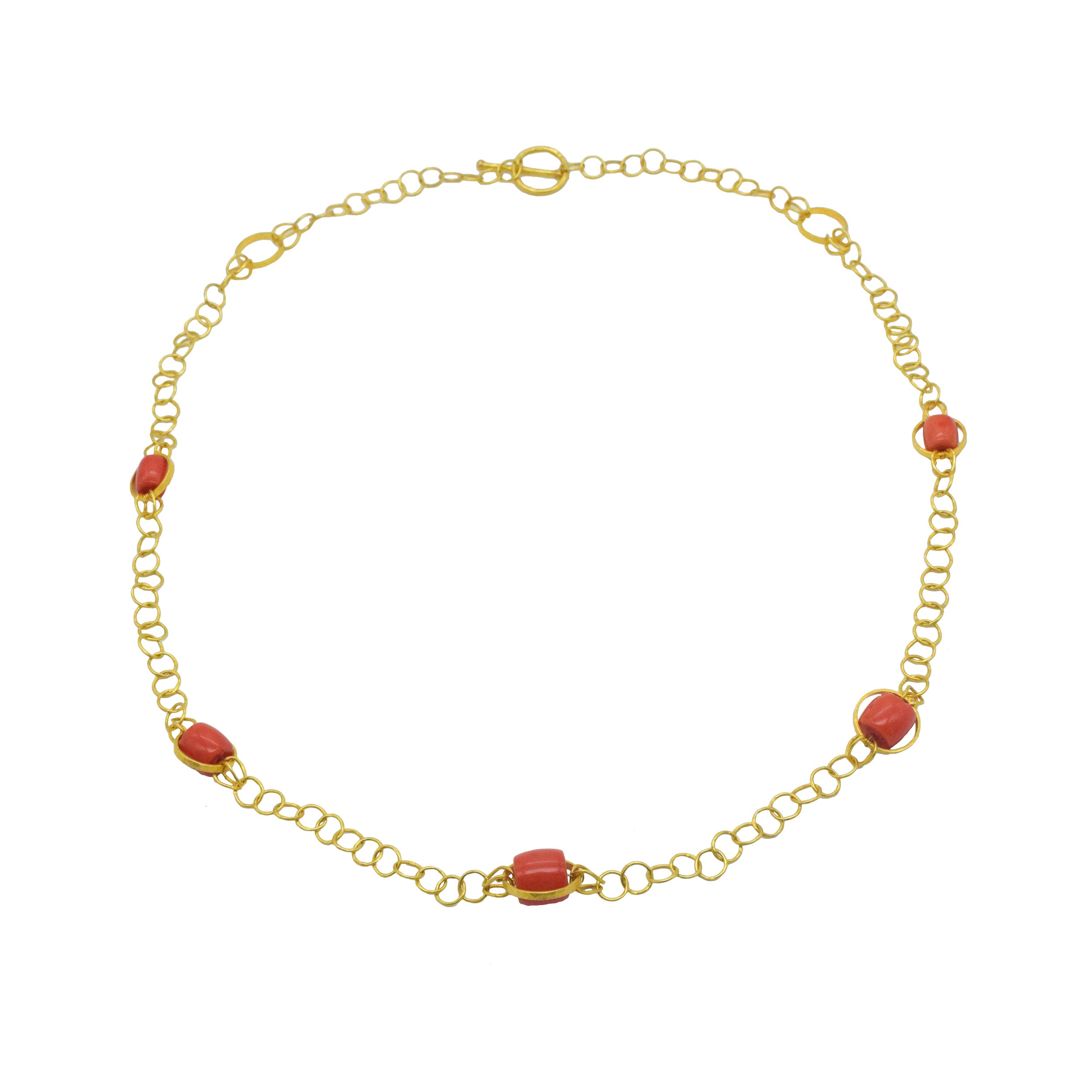 18k Yellow Gold Circular Link Long Chain Necklace With Coral Bead Accents