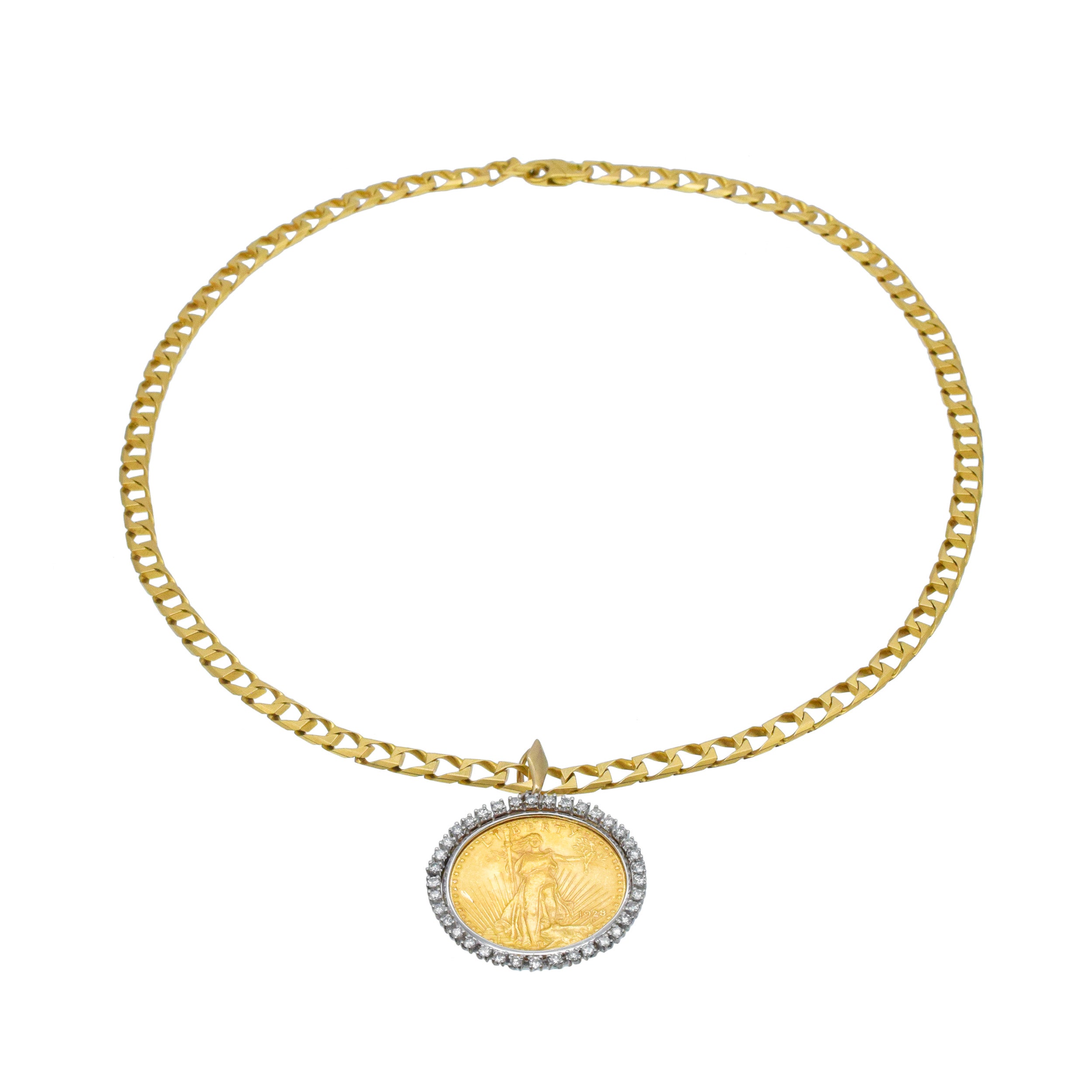 Diamond and $20 US Coin And Diamond Pendant With 18k Yellow Gold Chain
