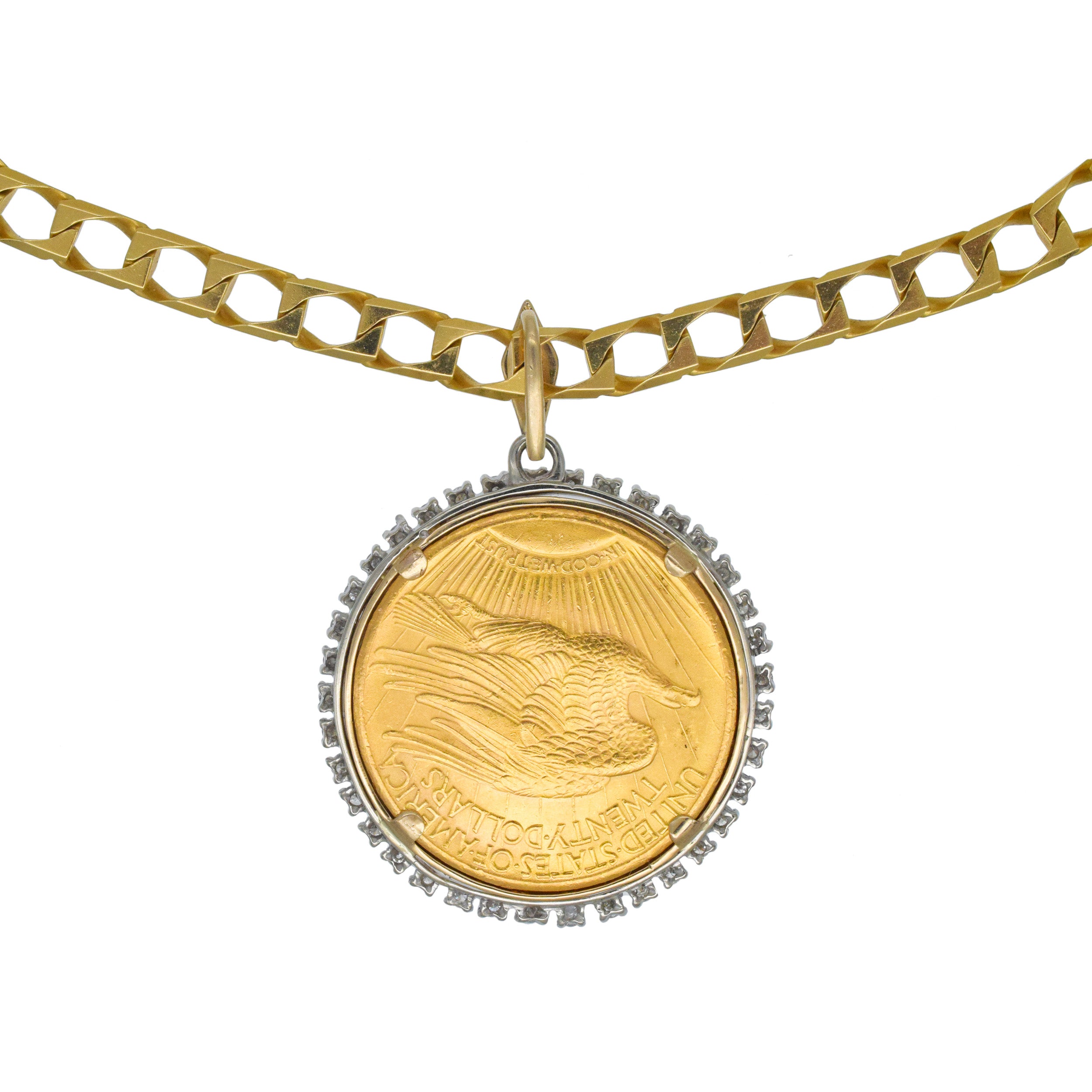 Diamond and $20 US Coin And Diamond Pendant With 18k Yellow Gold Chain