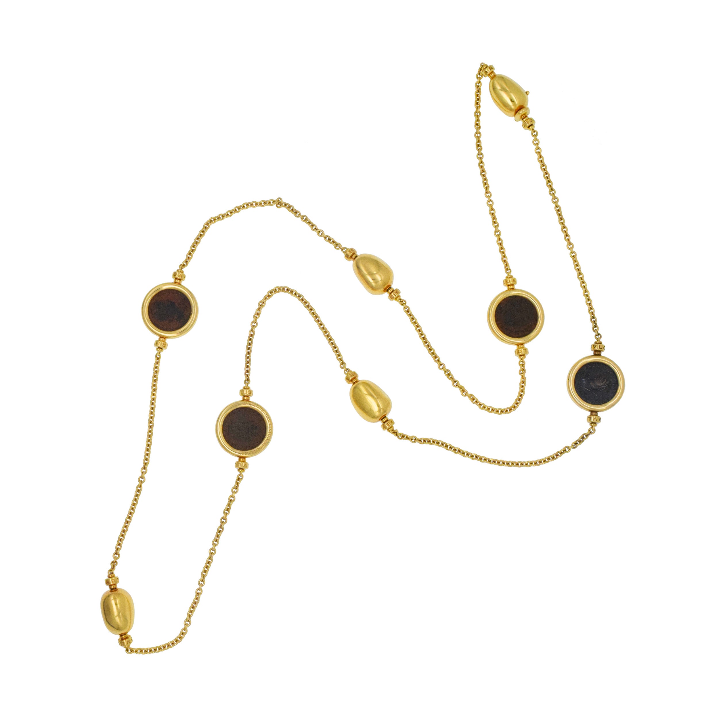Bulgari Monete And Gold Bead Long Chain In 18k Yellow Gold