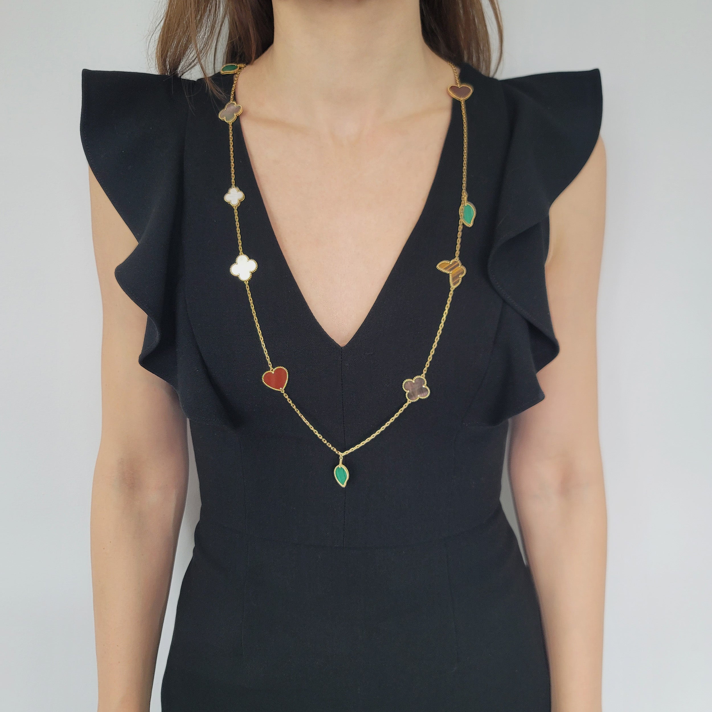 Van Cleef & Arpels Lucky Alhambra Multi Gemstone Long Chain Necklace In 18k Yellow Gold