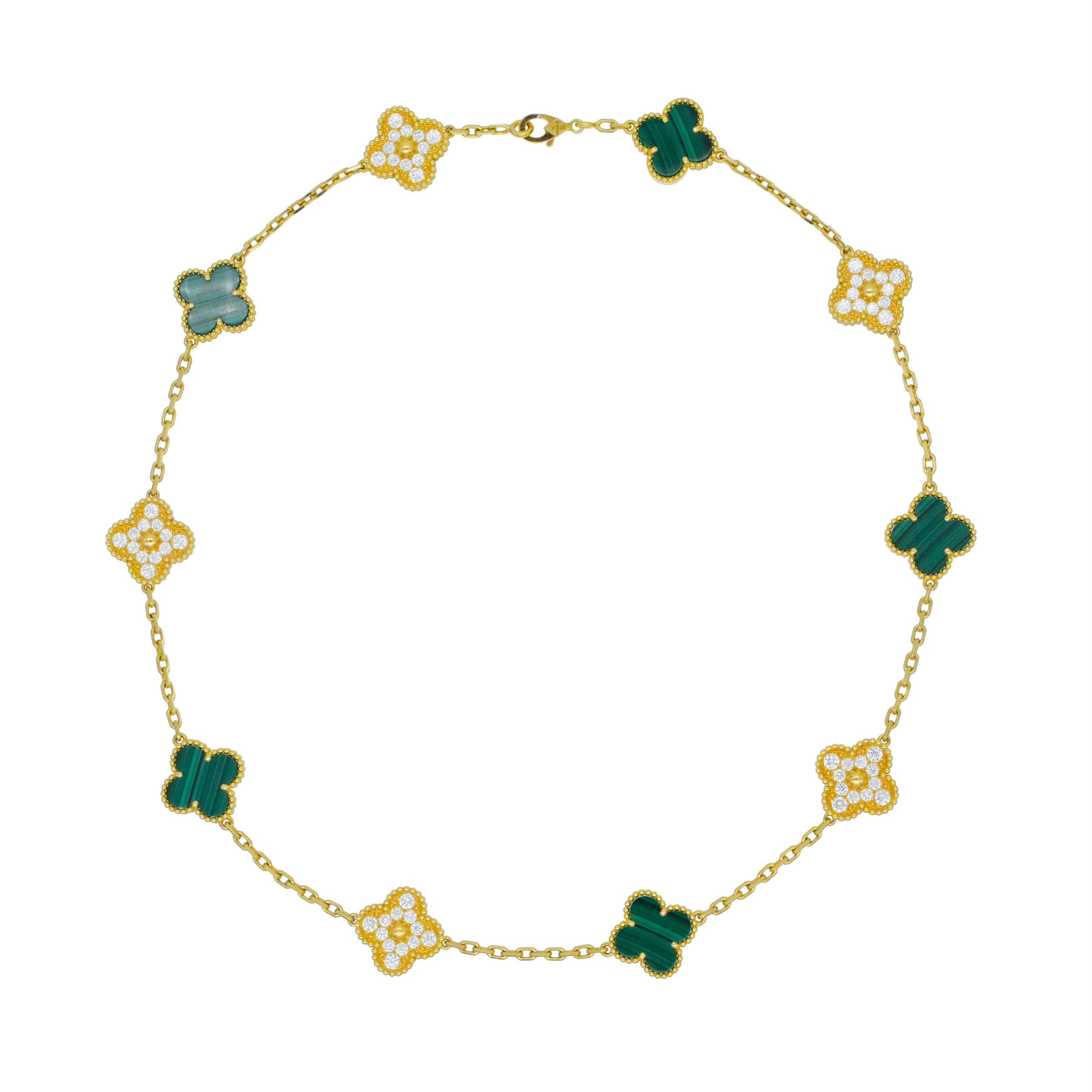 Van Cleef & Arpels diamond and malachite 10-motif Alhambra necklace in 18k yellow gold