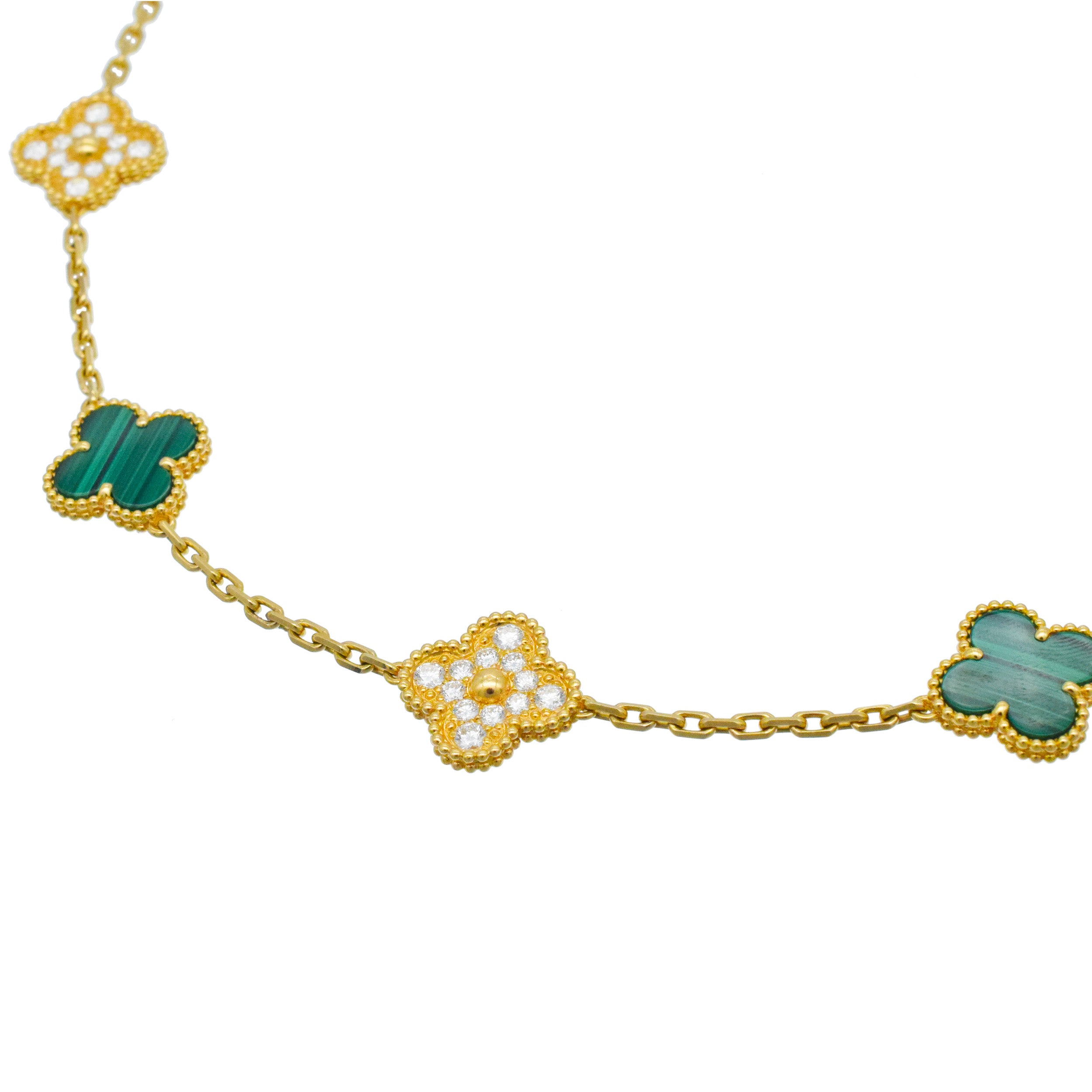 Van Cleef & Arpels diamond and malachite 10-motif Alhambra necklace in 18k yellow gold