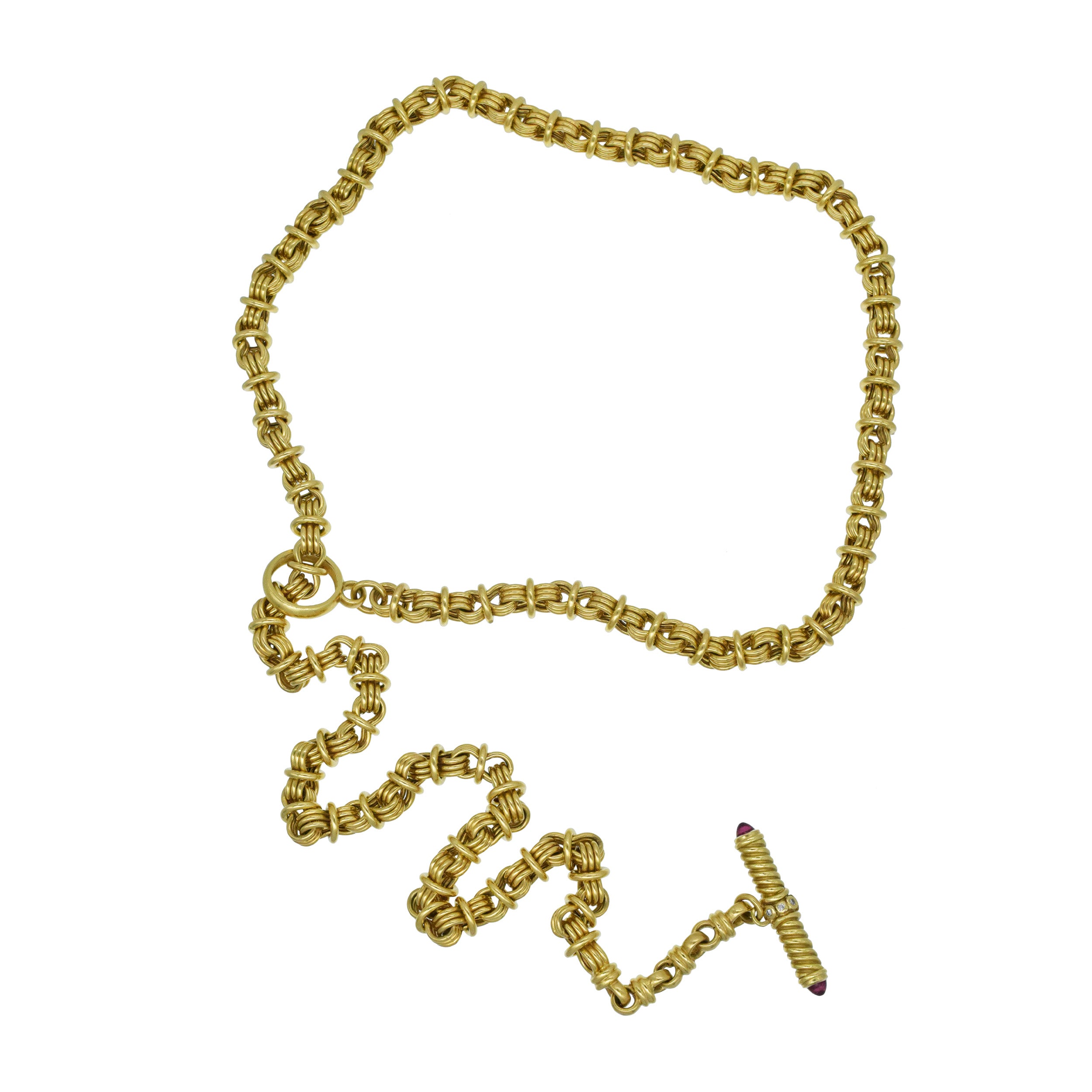 Fancy Link Toggle Necklace / Belt In 18k Yellow Gold With Pink Tourmaline And Diamond Accents