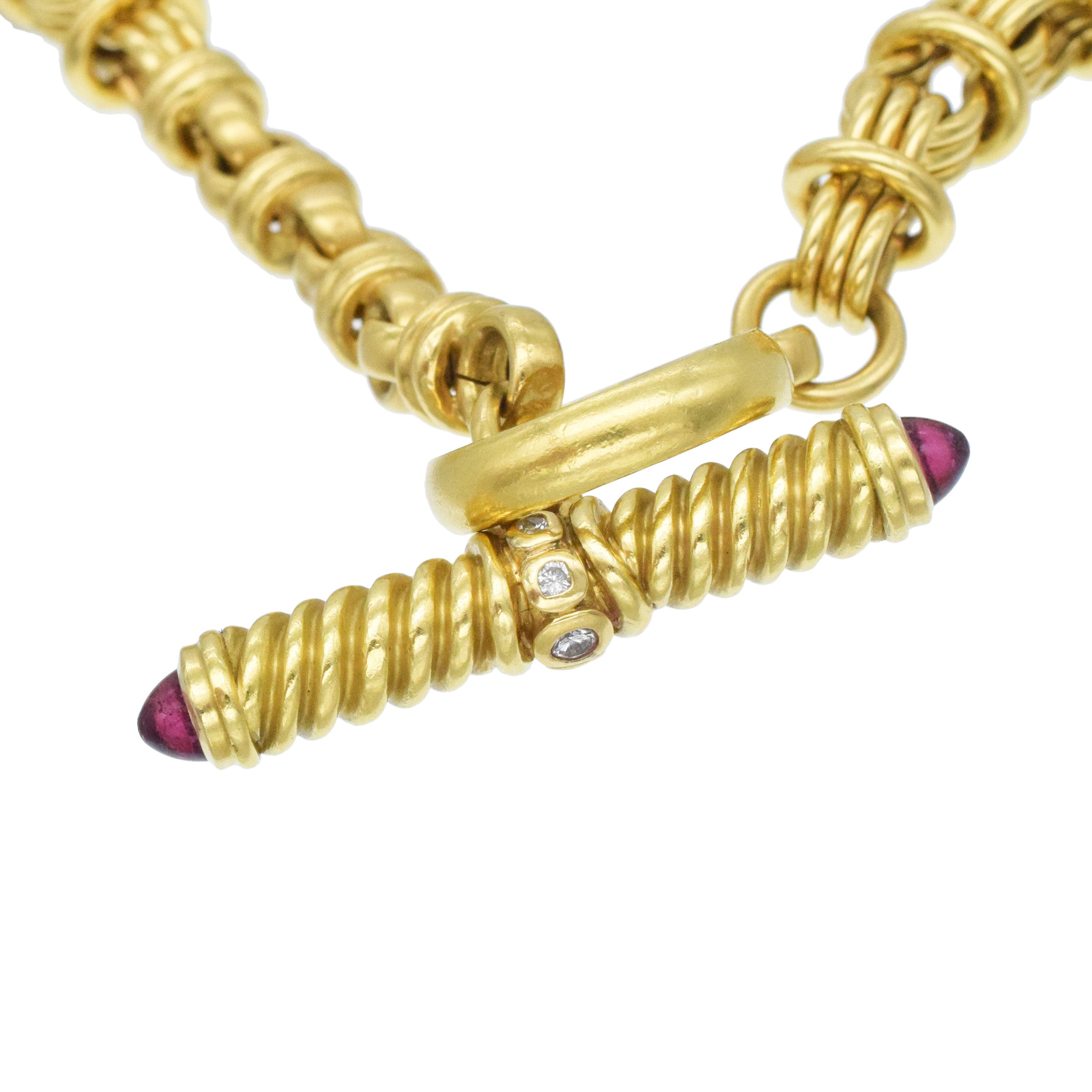 Fancy Link Toggle Necklace / Belt In 18k Yellow Gold With Pink Tourmaline And Diamond Accents