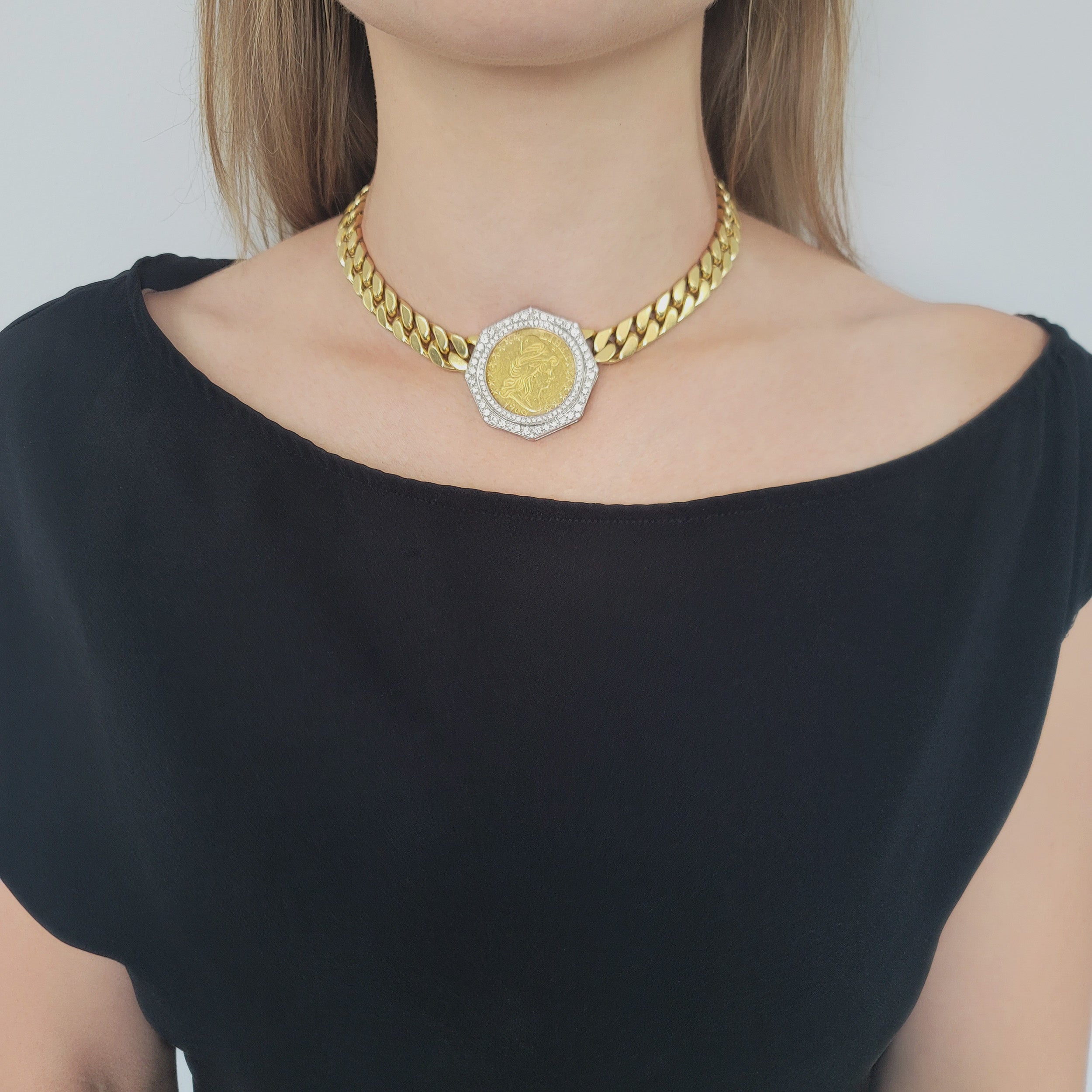 Bulgari $10 gold coin necklace in 18k gold yellow gold