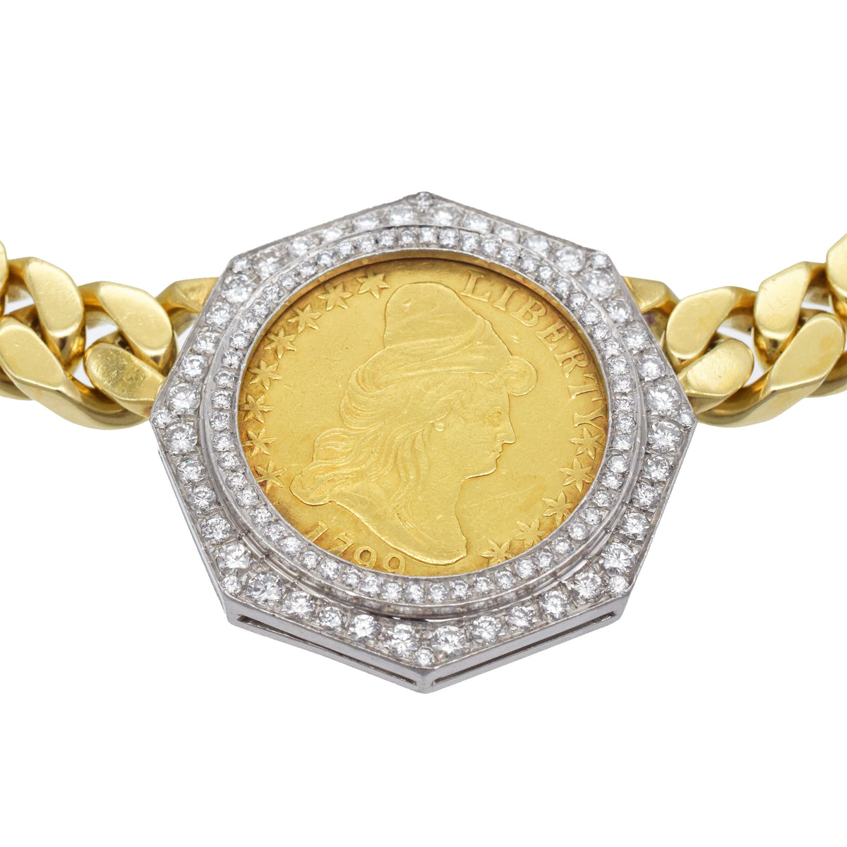 Bulgari American gold coin and diamond necklace in 18k yellow gold