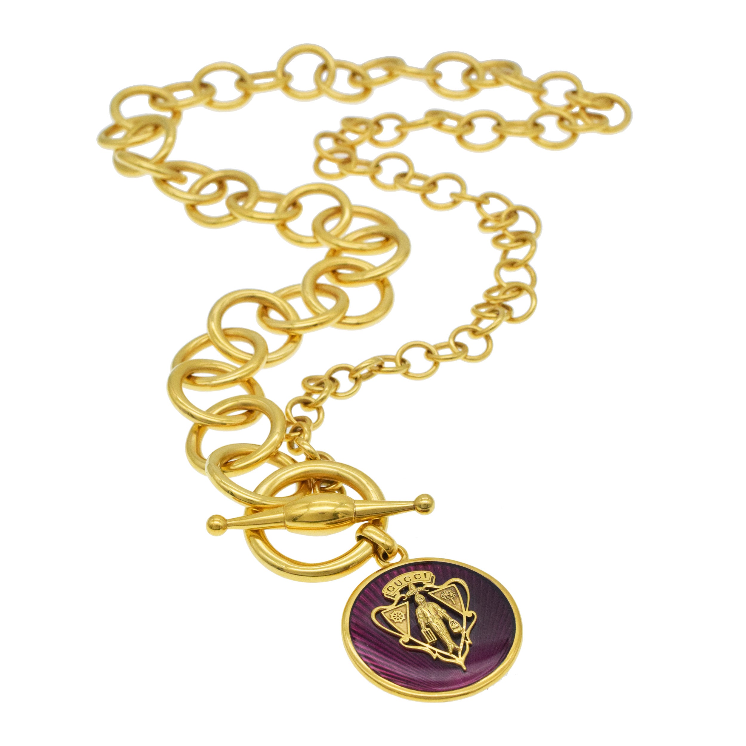 Gucci 18k Yellow Gold Long Chain / belt with a Gucci Crest Logo Medallion