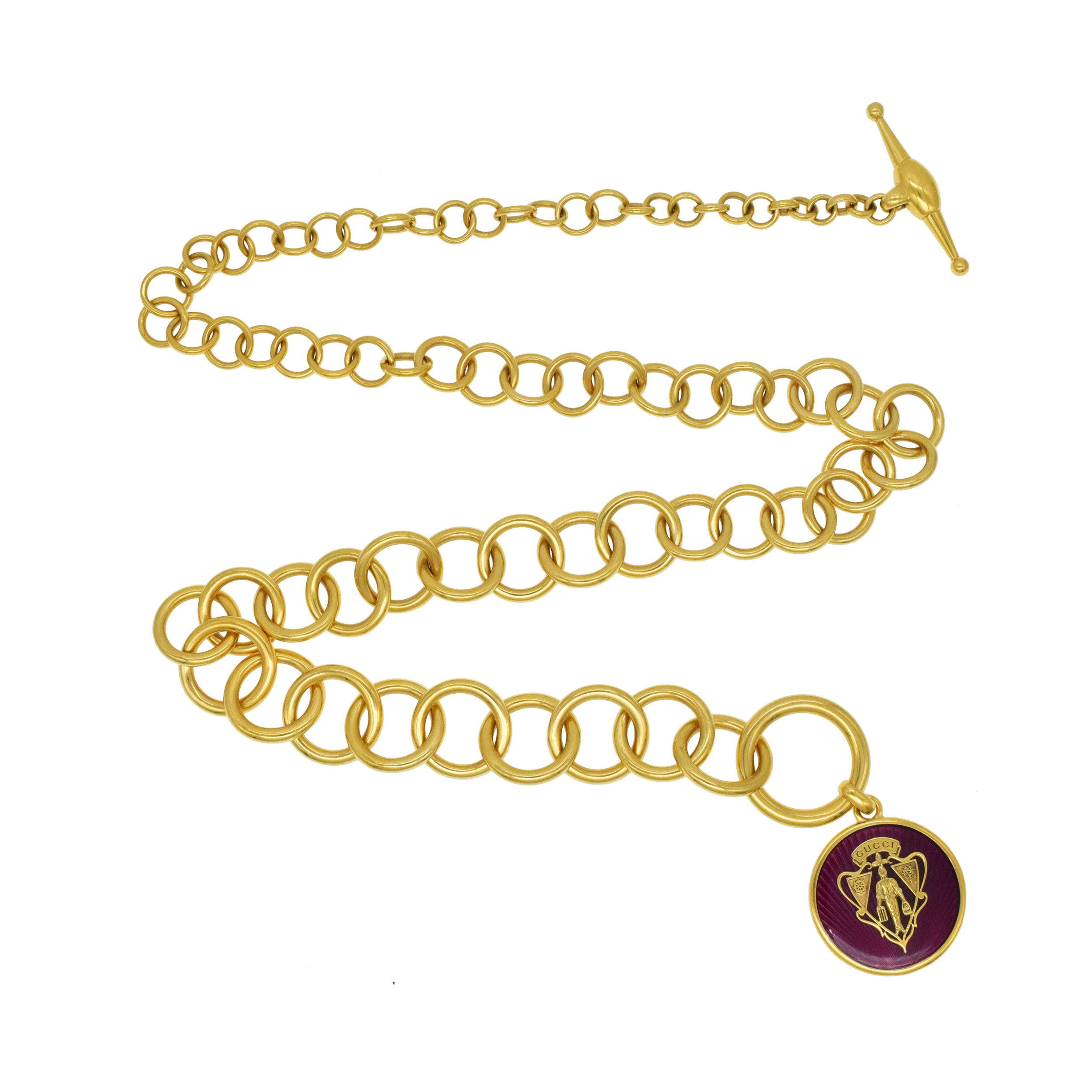 Gucci 18k Yellow Gold Long Chain / belt with a Gucci Crest Logo Medallion