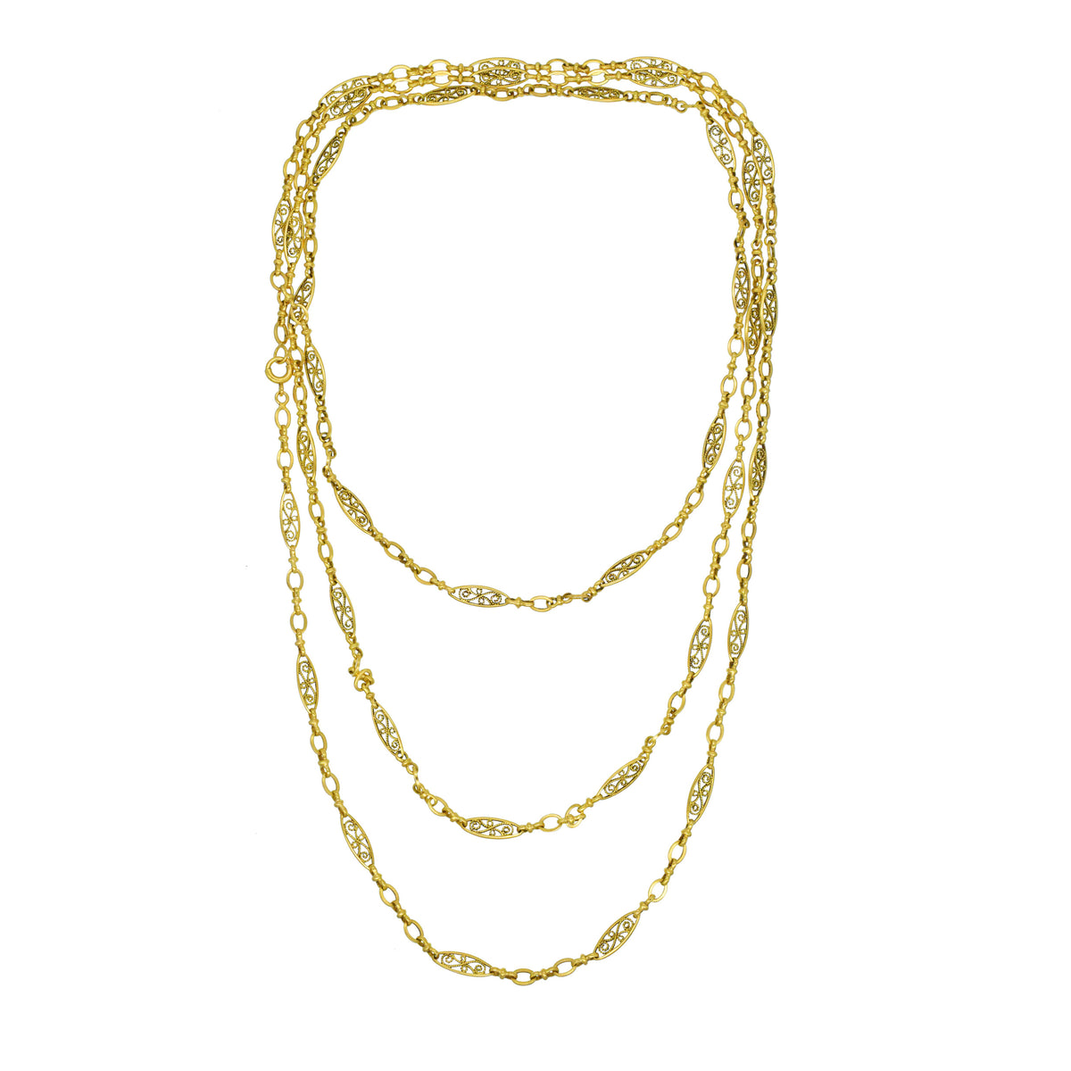 Art Novuveau French handmade long chain / muff chain in 18k yellow gold