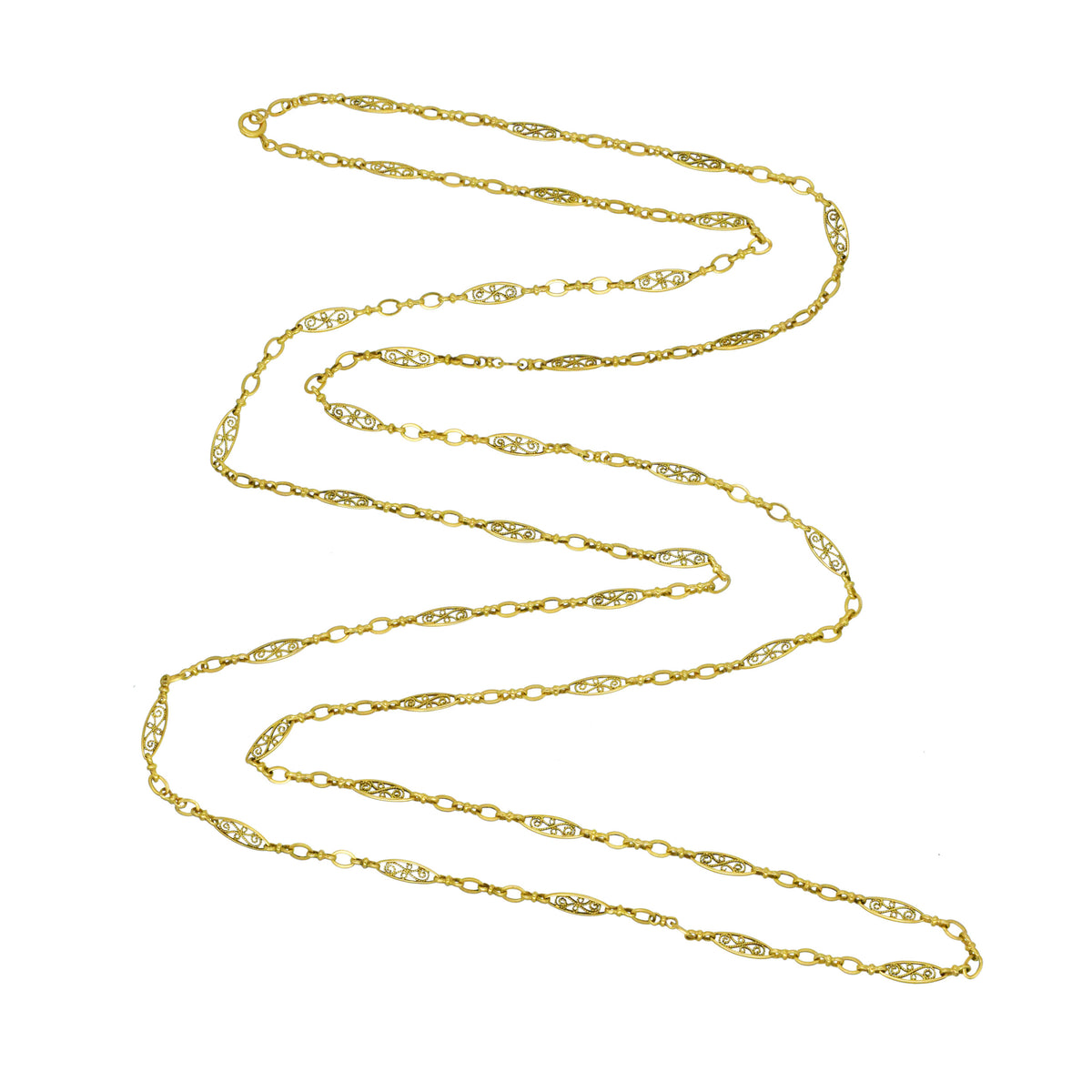 Art Novuveau French handmade long chain / muff chain in 18k yellow gold