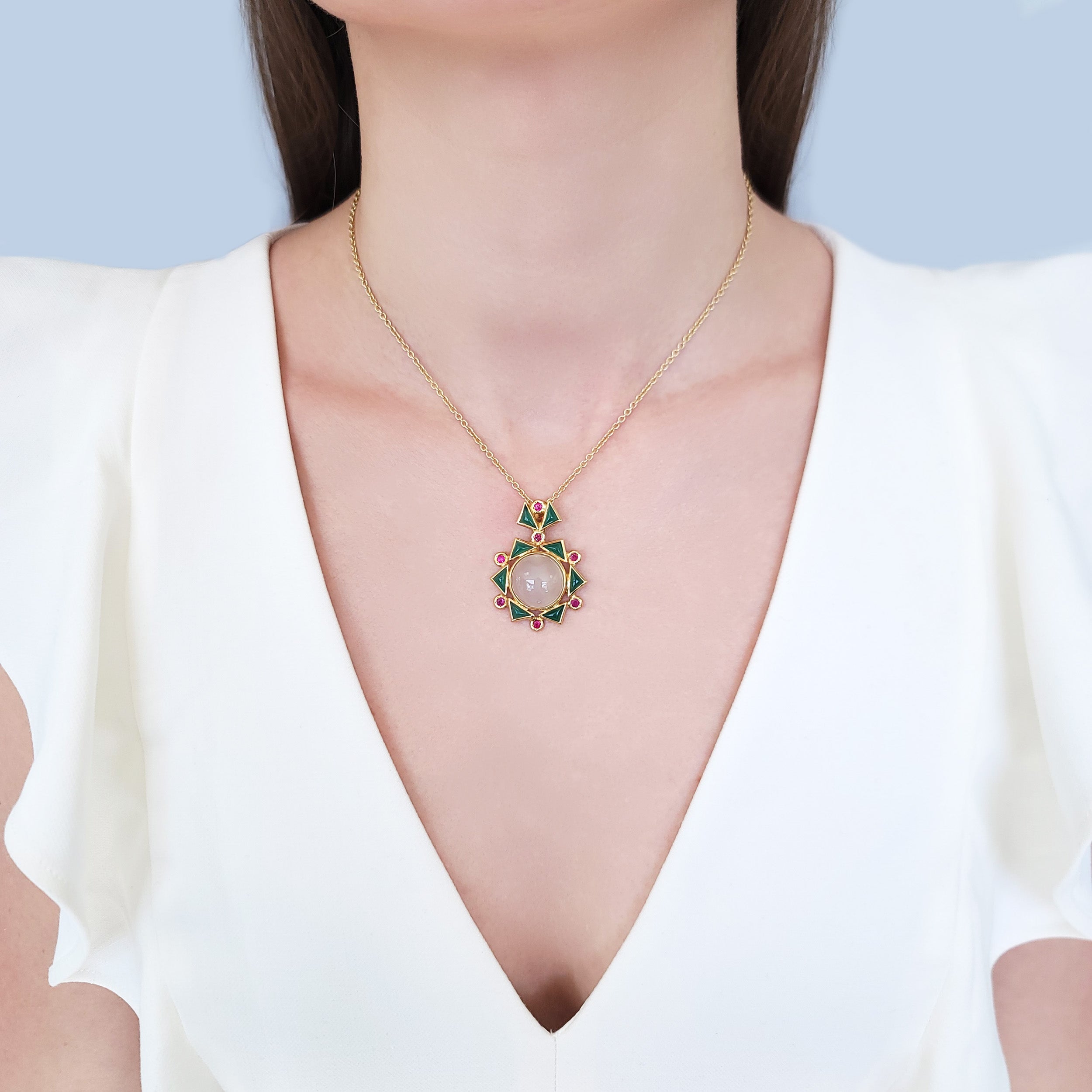 Moonstone, Chrysoprase & Ruby Pendant