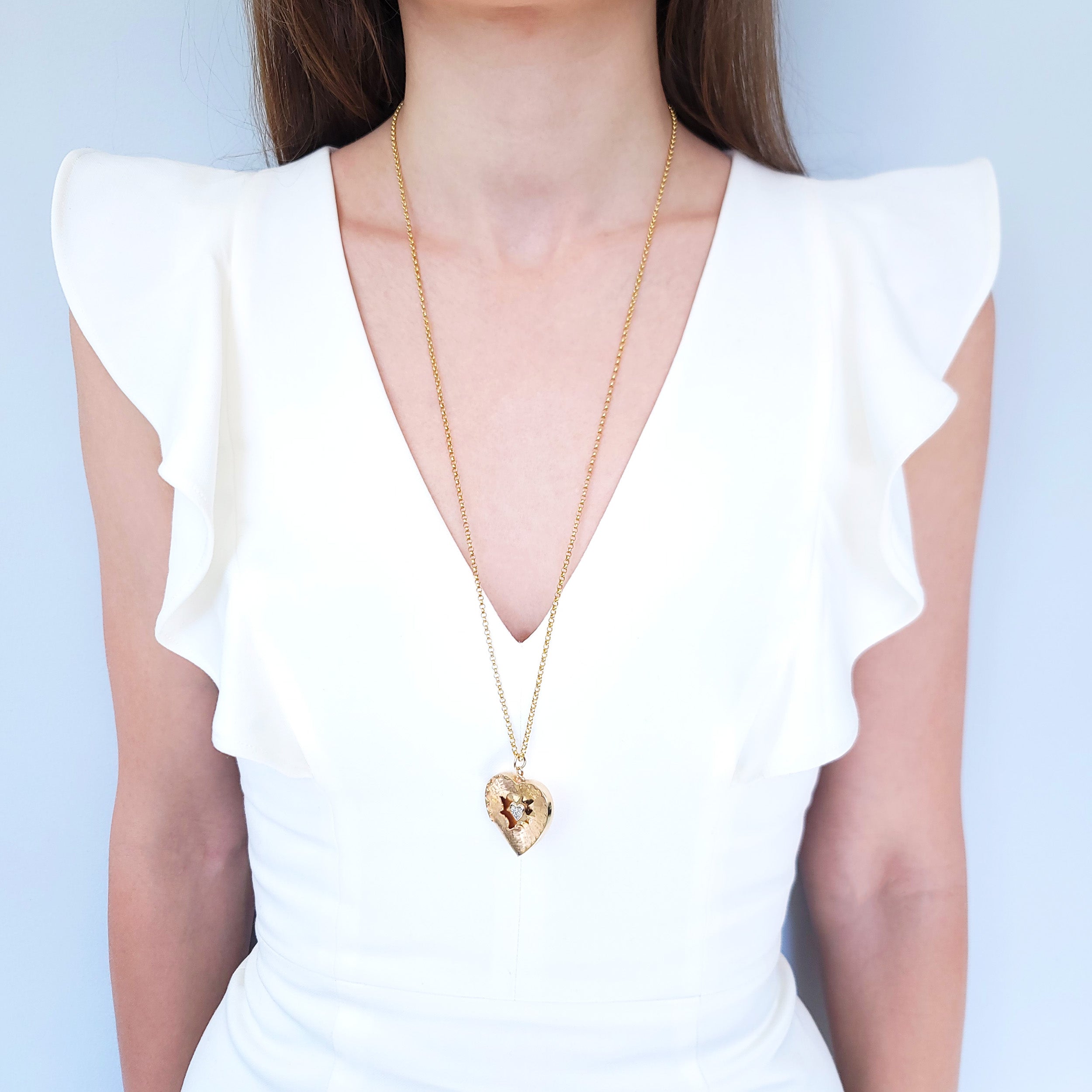 Diamond Heart Shape Pendant / Necklace In 14k Yellow Gold With Rolo Chain
