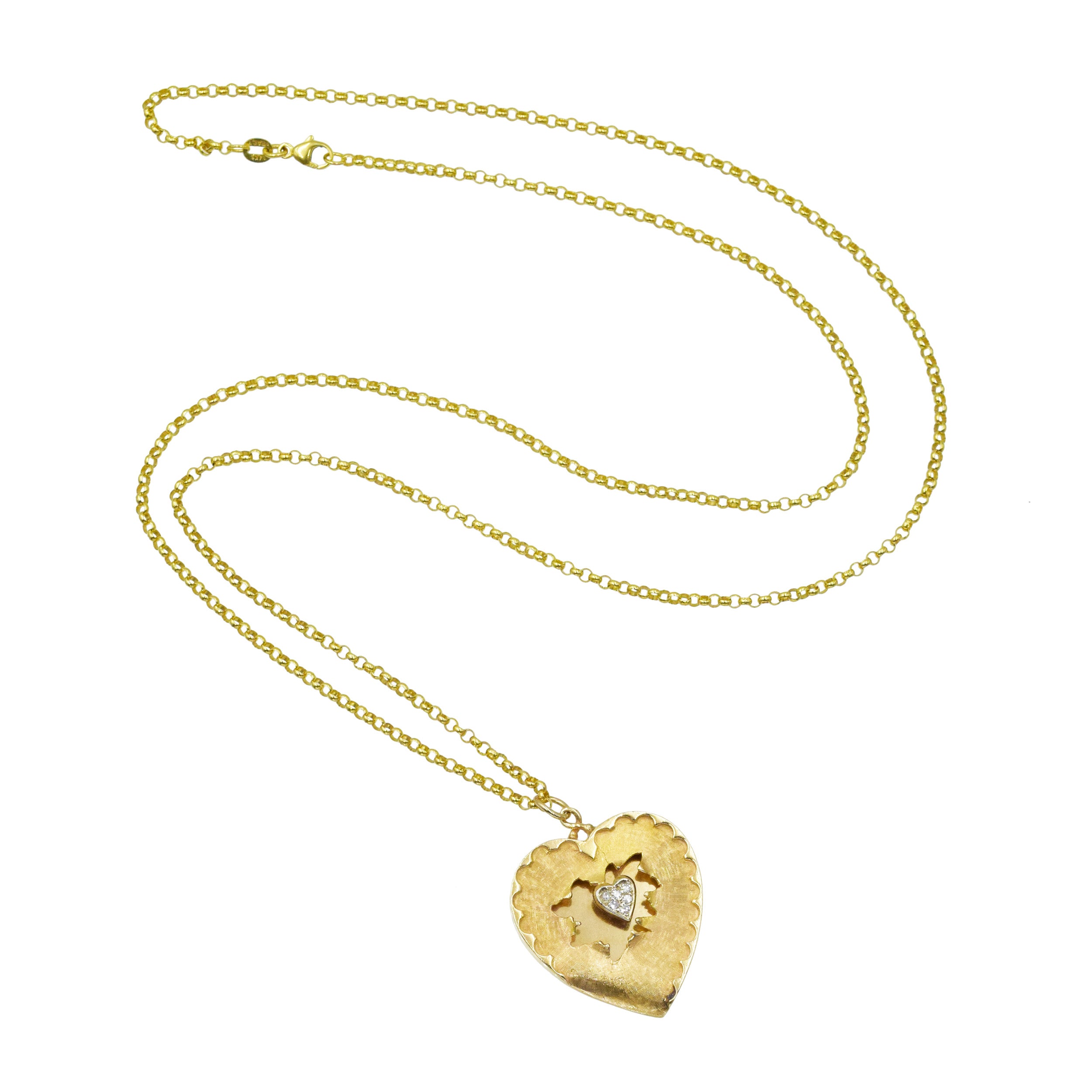Diamond Heart Shape Pendant / Necklace In 14k Yellow Gold With Rolo Chain