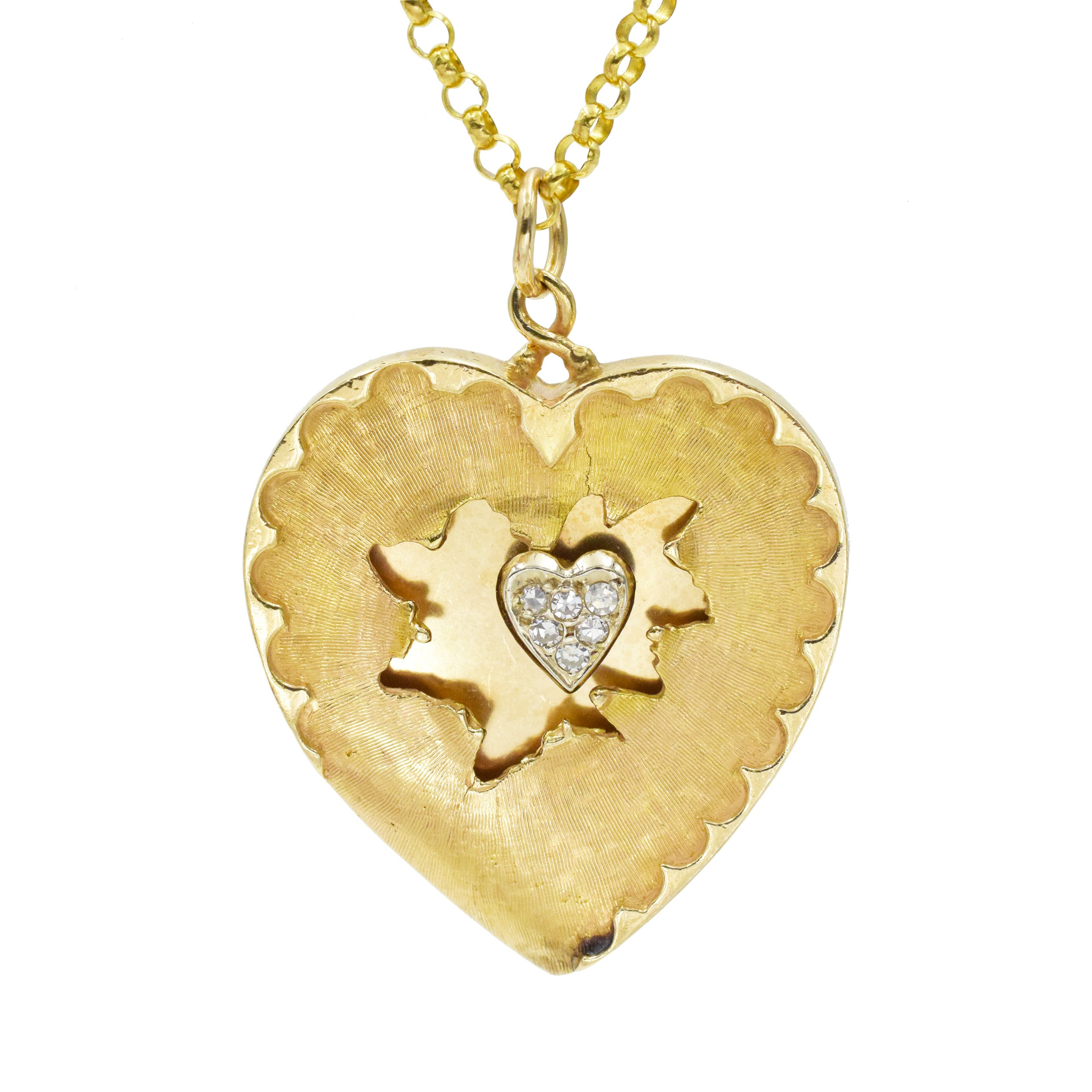 Diamond Heart Shape Pendant / Necklace In 14k Yellow Gold With Rolo Chain
