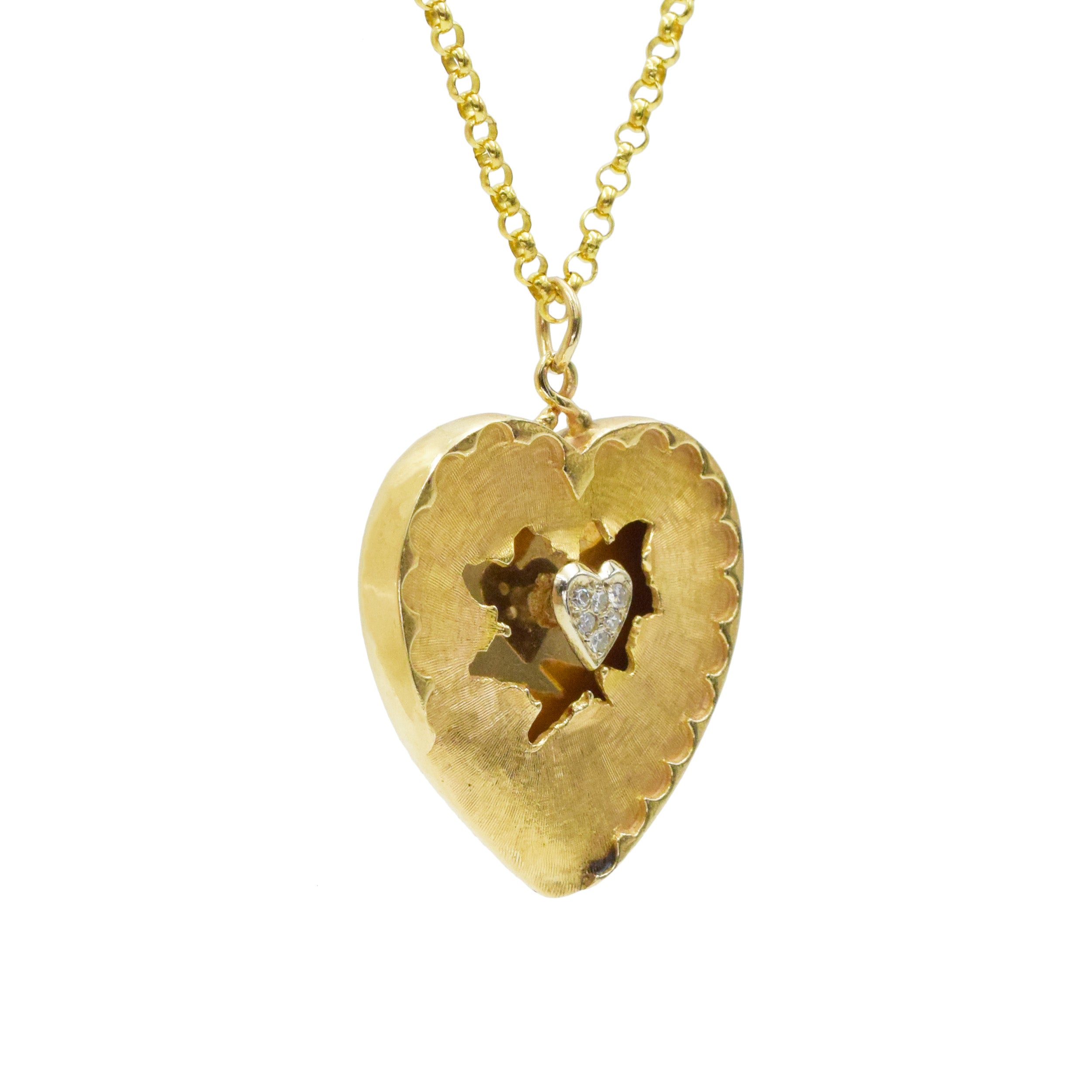 Diamond Heart Shape Pendant / Necklace In 14k Yellow Gold With Rolo Chain