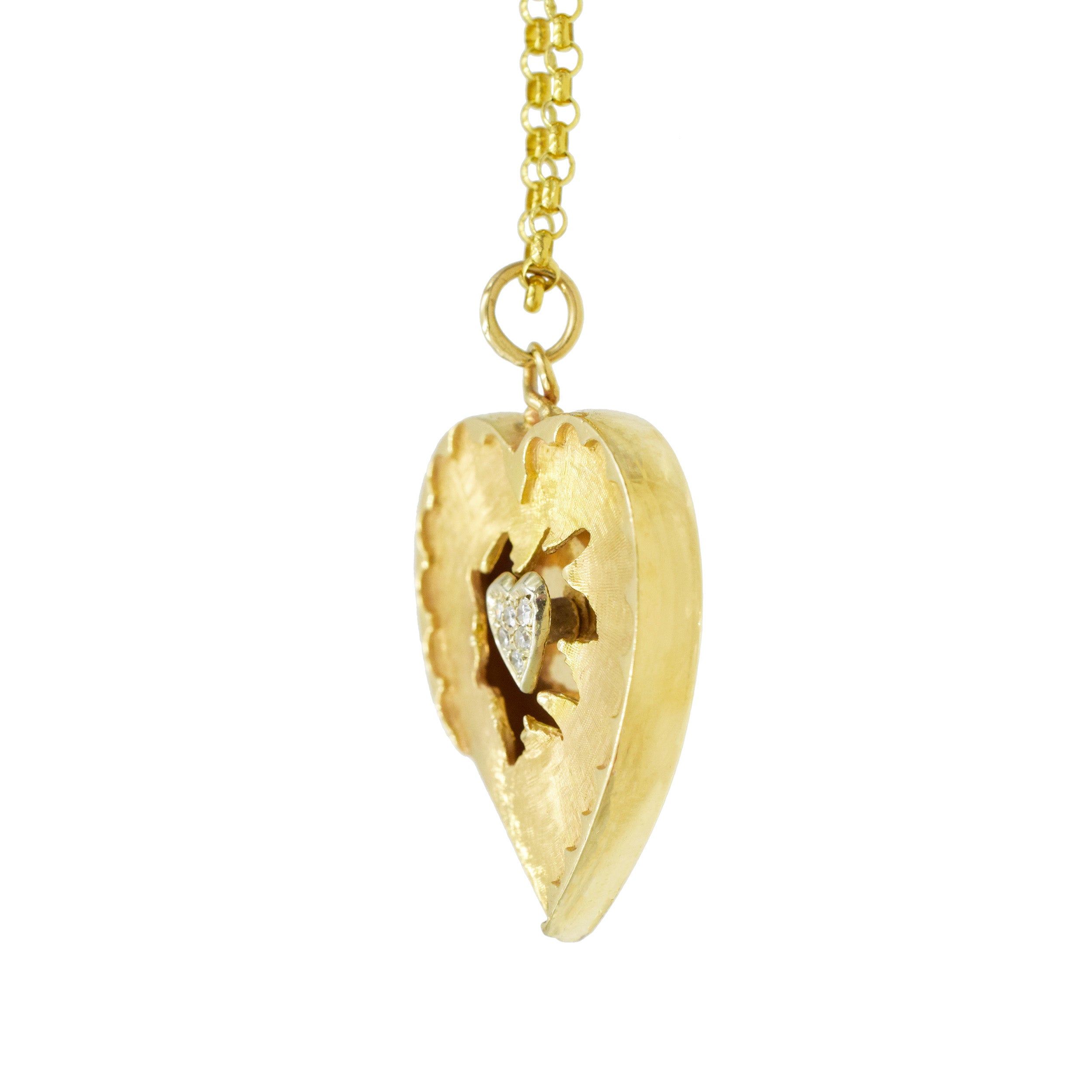Diamond Heart Shape Pendant / Necklace In 14k Yellow Gold With Rolo Chain