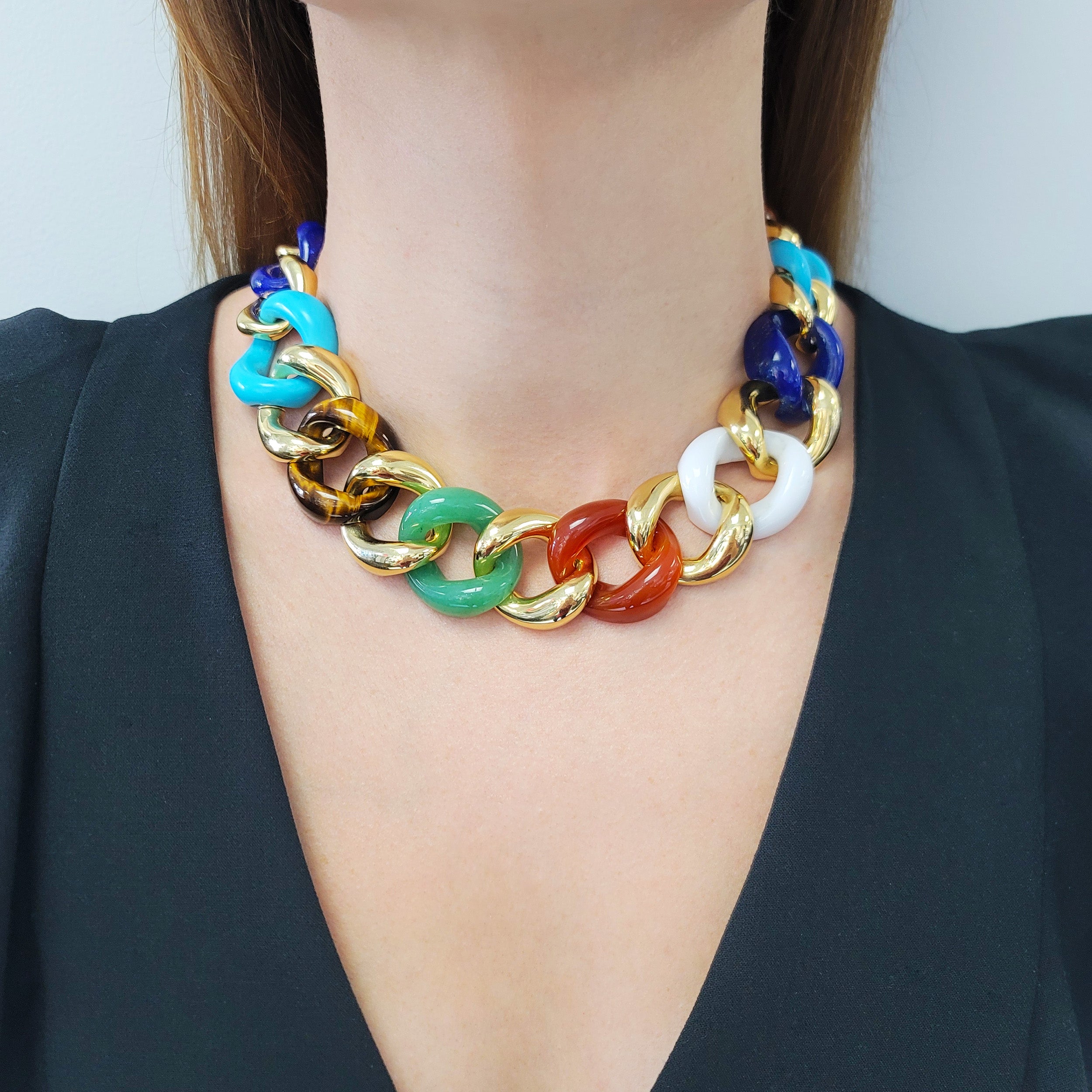 Seaman Schepps 18k Gold and Multicolored Hardstone 'Classic Link' Necklace