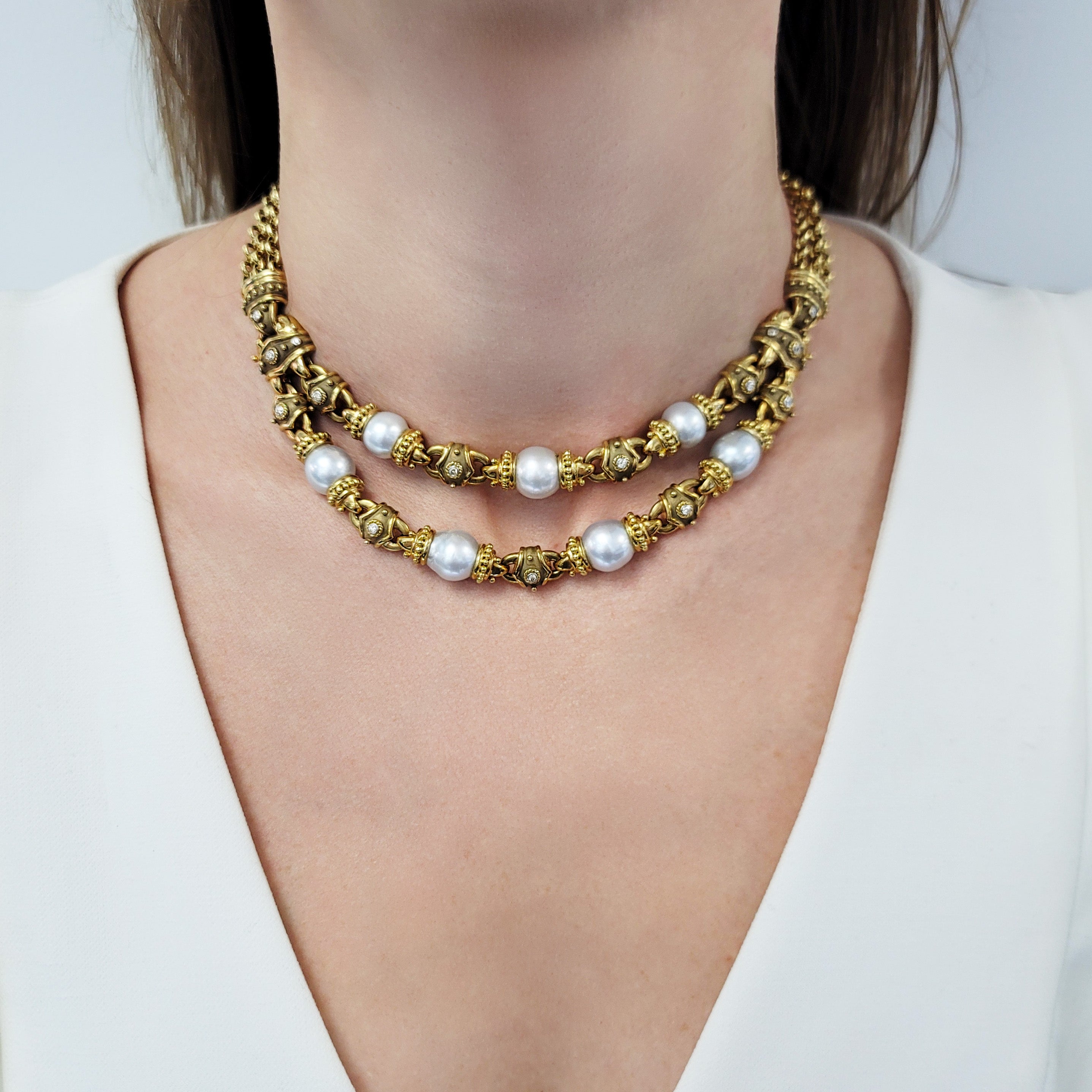 Pearl And Diamond Draped Necklace In 18k Yellow Gold